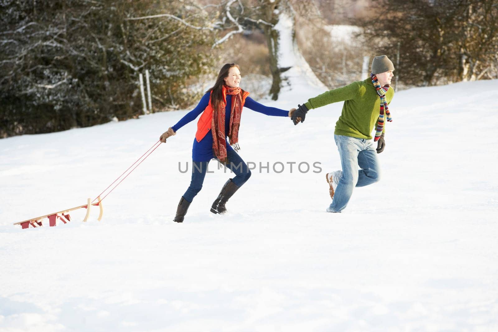 Teenage Couple Pulling Sledge Across Snowy Field