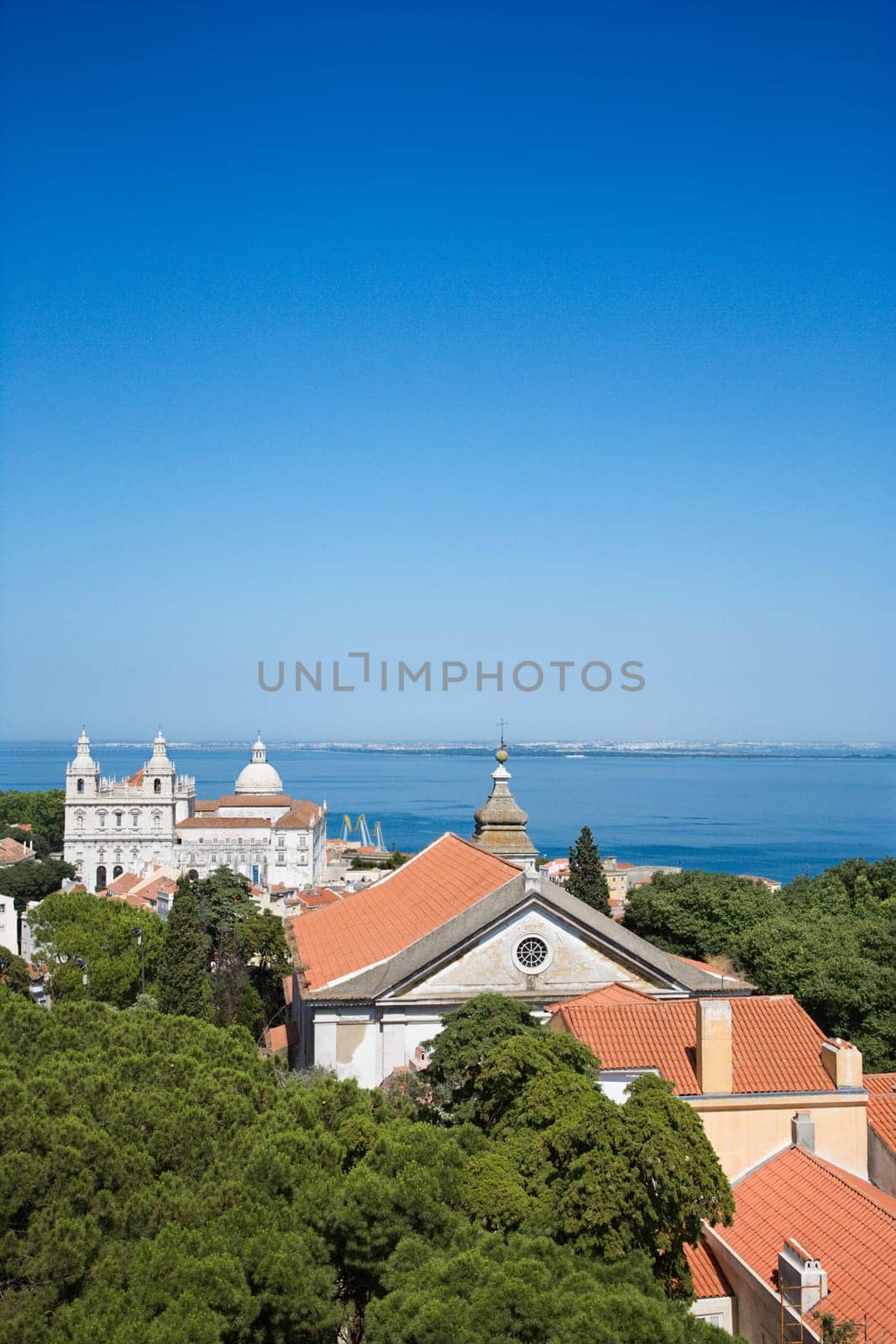 Building tops and tree tops with an ocean in the background in Lisbon, Portugal. Vertical shot.