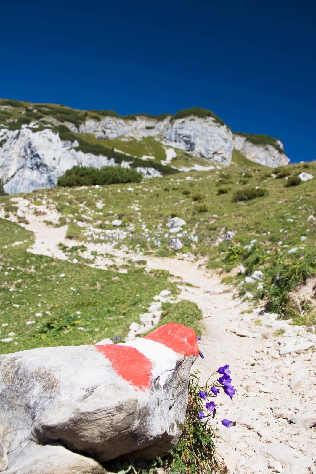 maurach, austria  trail markings on a mountain trail