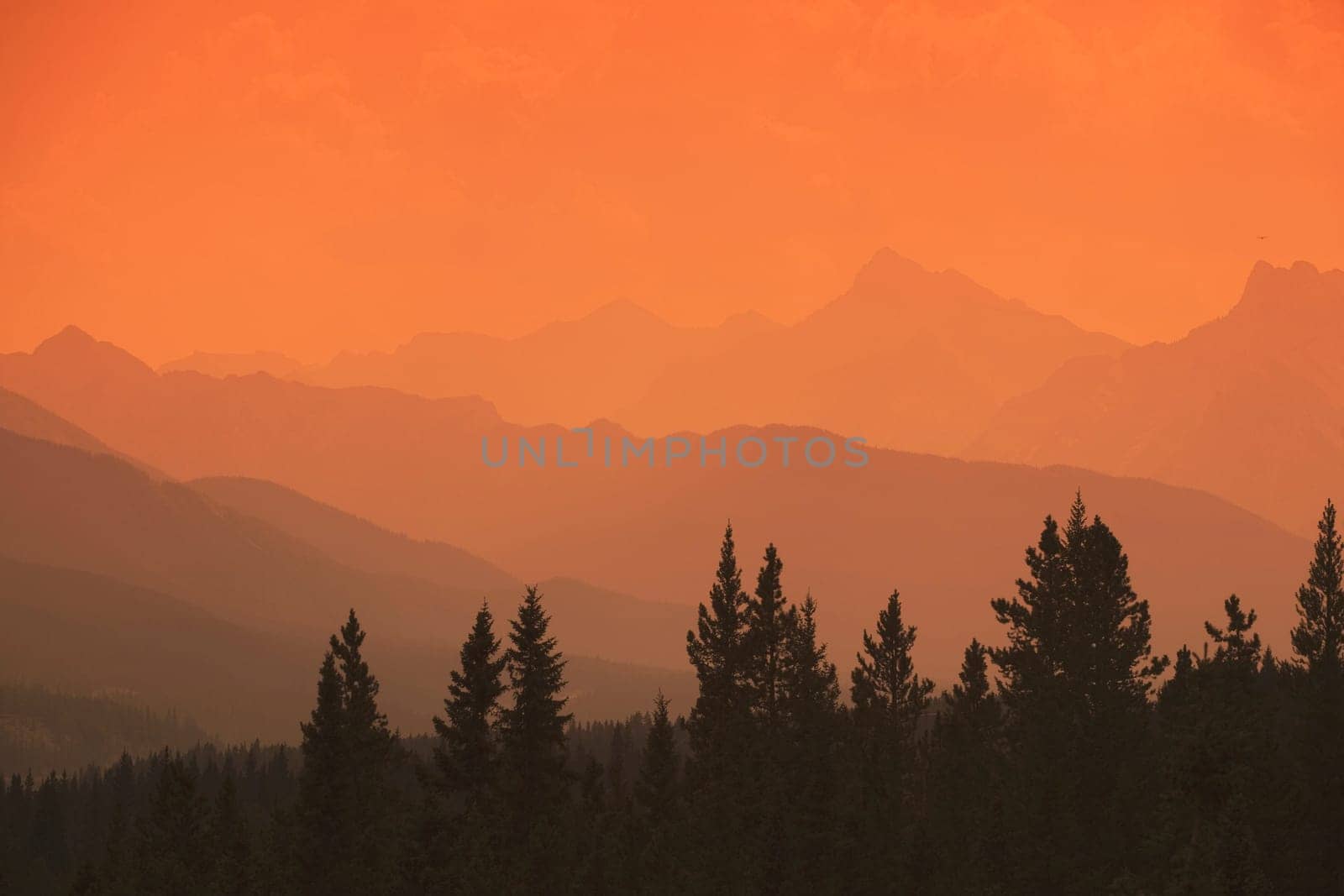 Silhouette of mountain ranges and orange sky