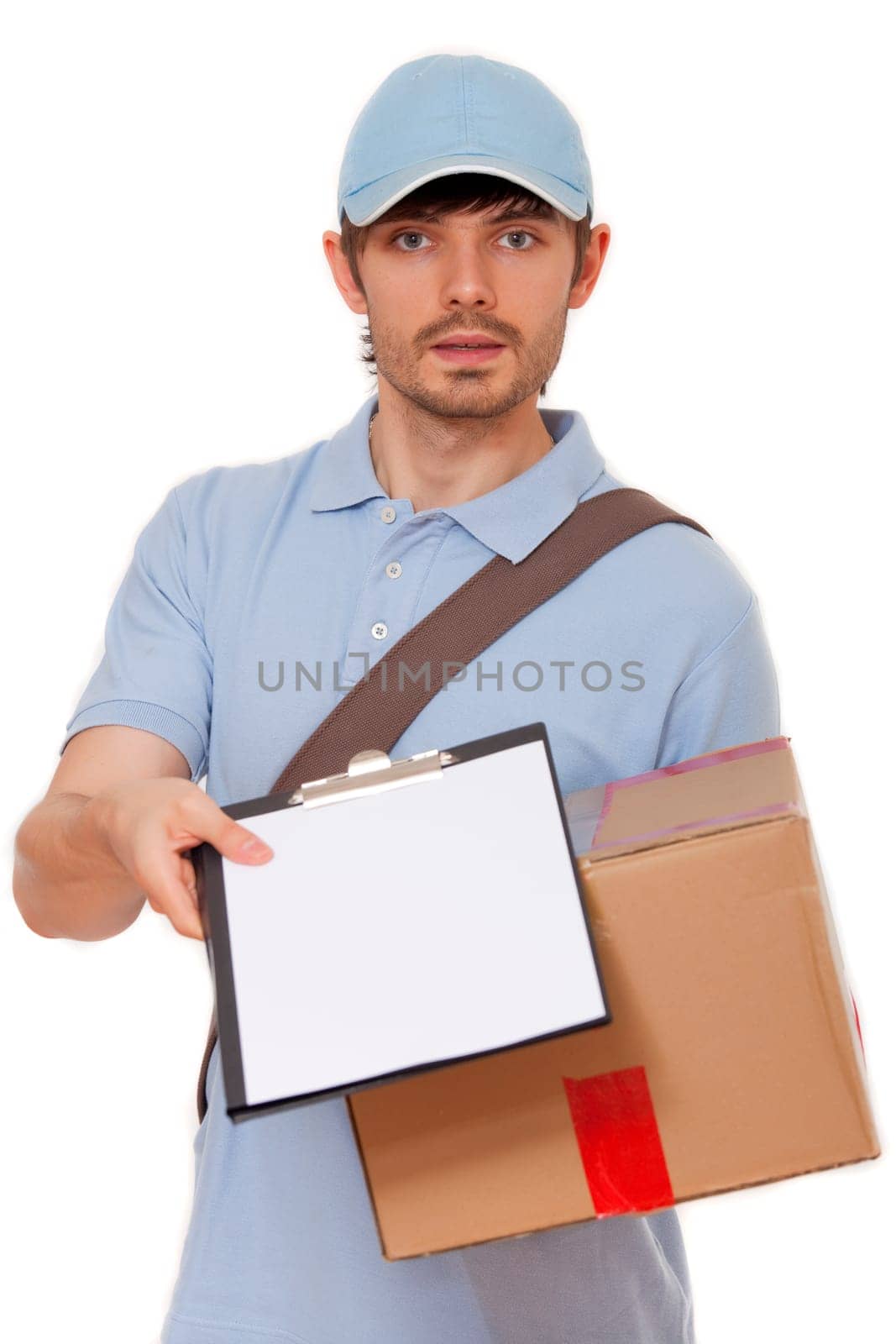 delivery man with package and clipboard