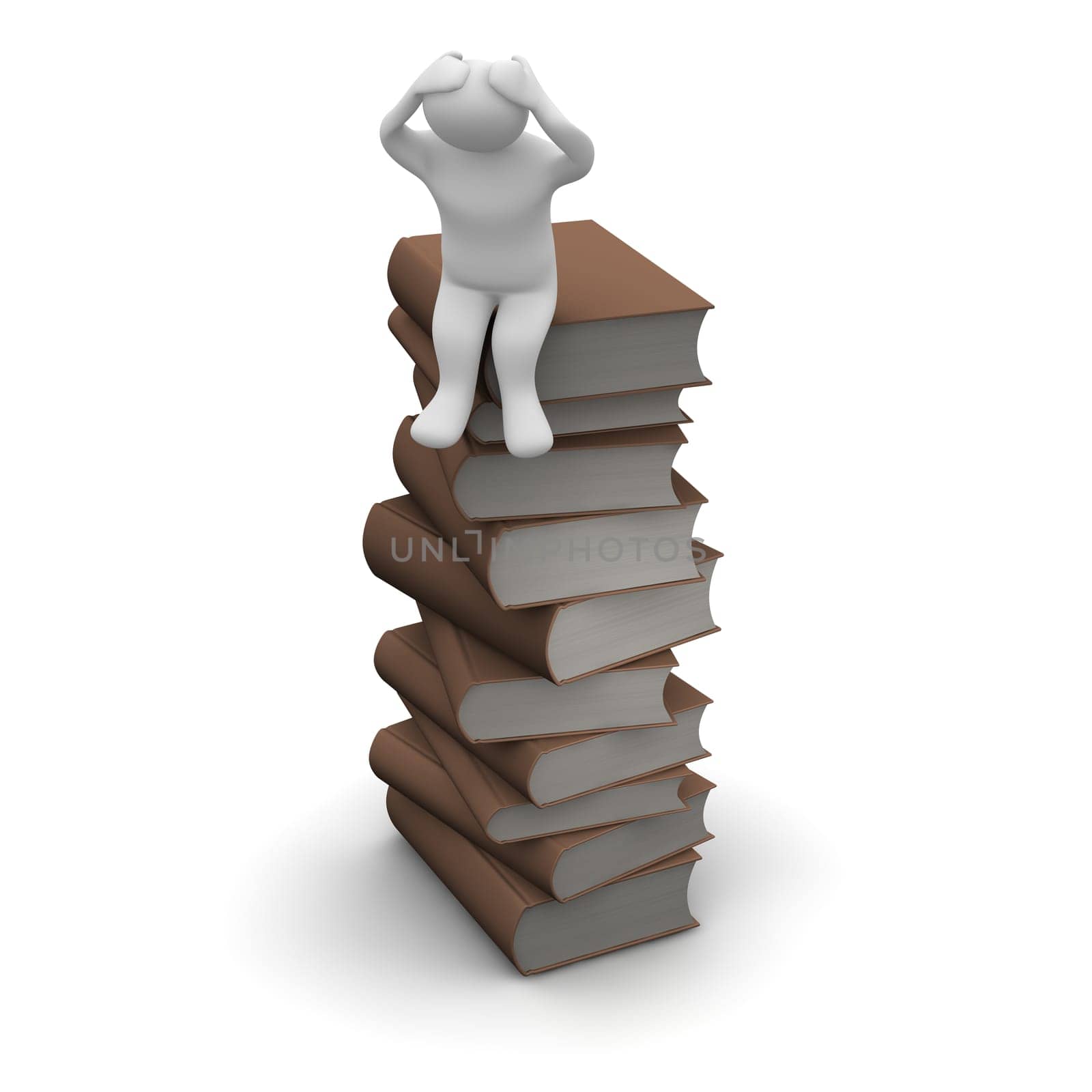 Frustrated man sitting on stack of books