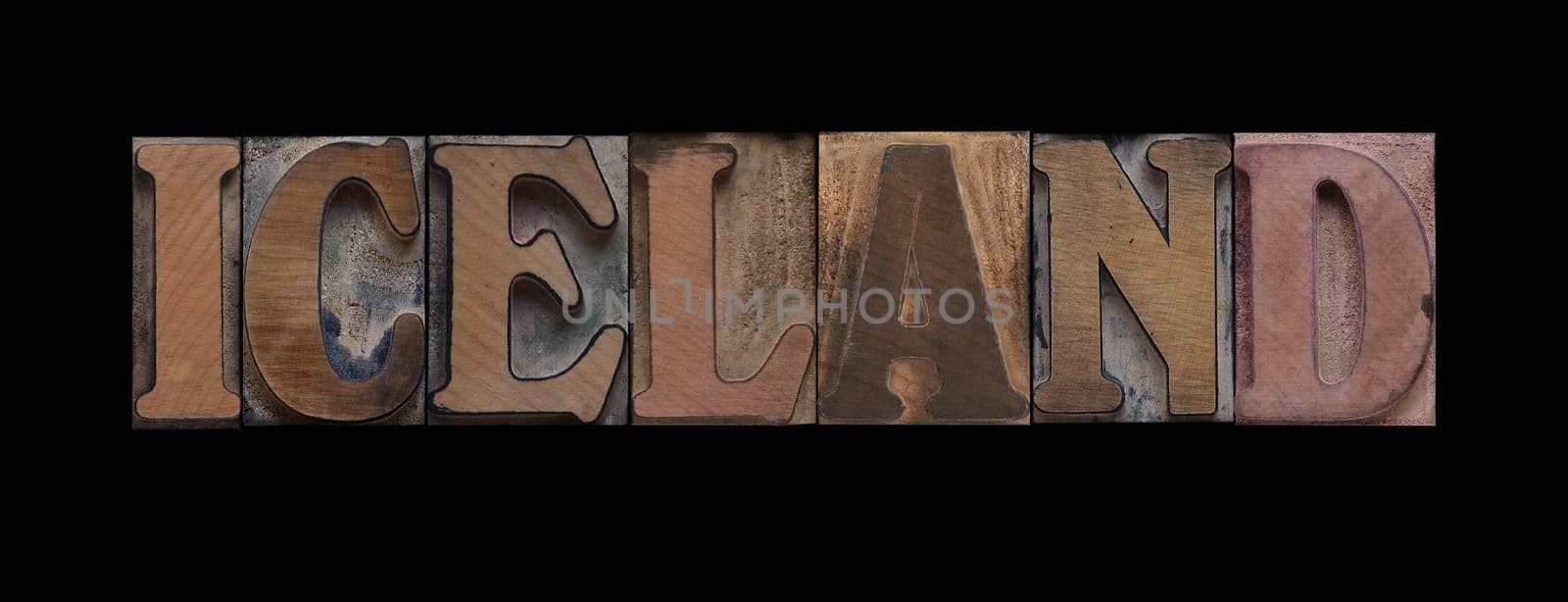 Iceland in old letterpress wood type