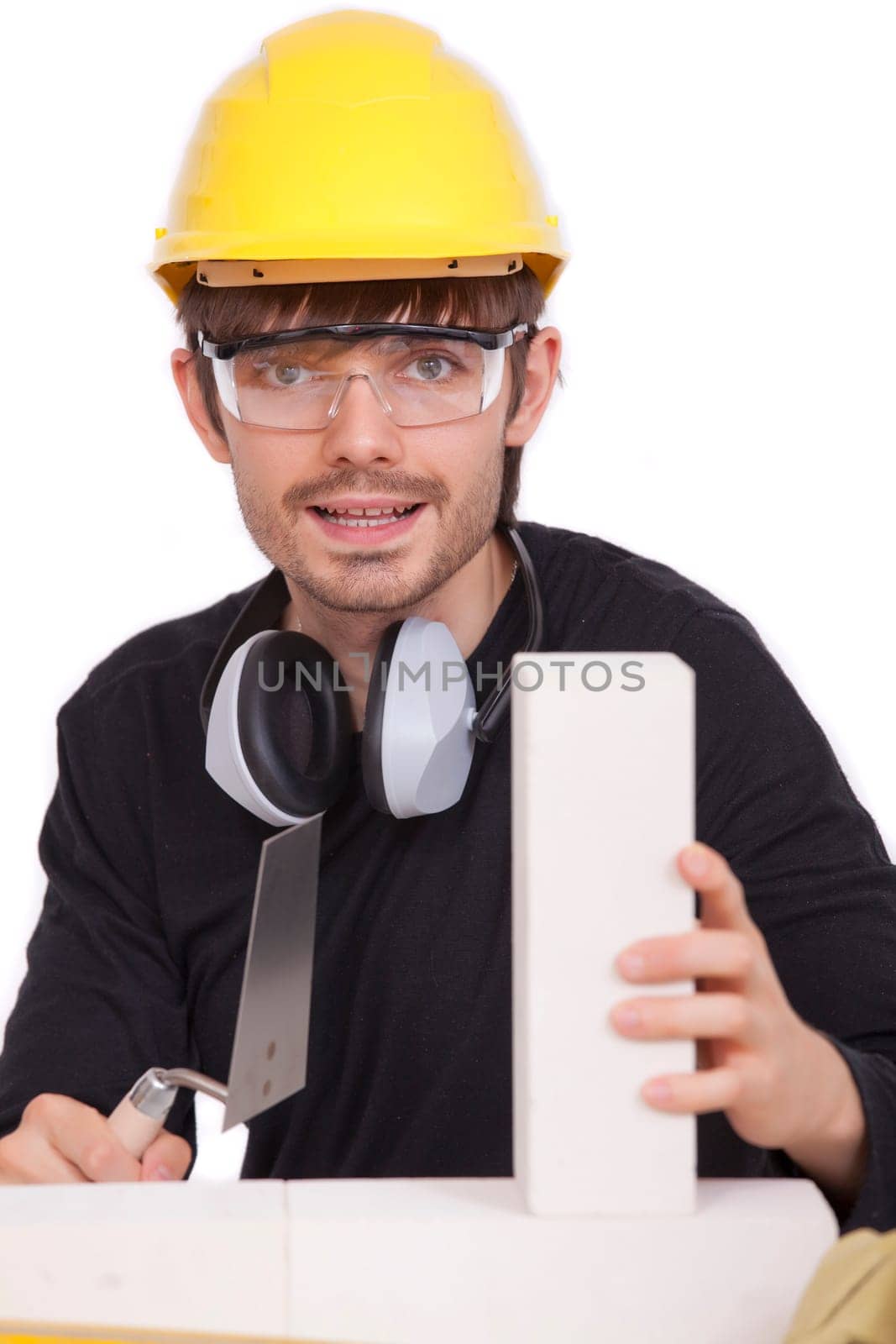 construction worker with brick