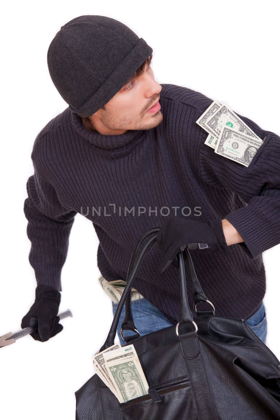 bank robber running with money bag