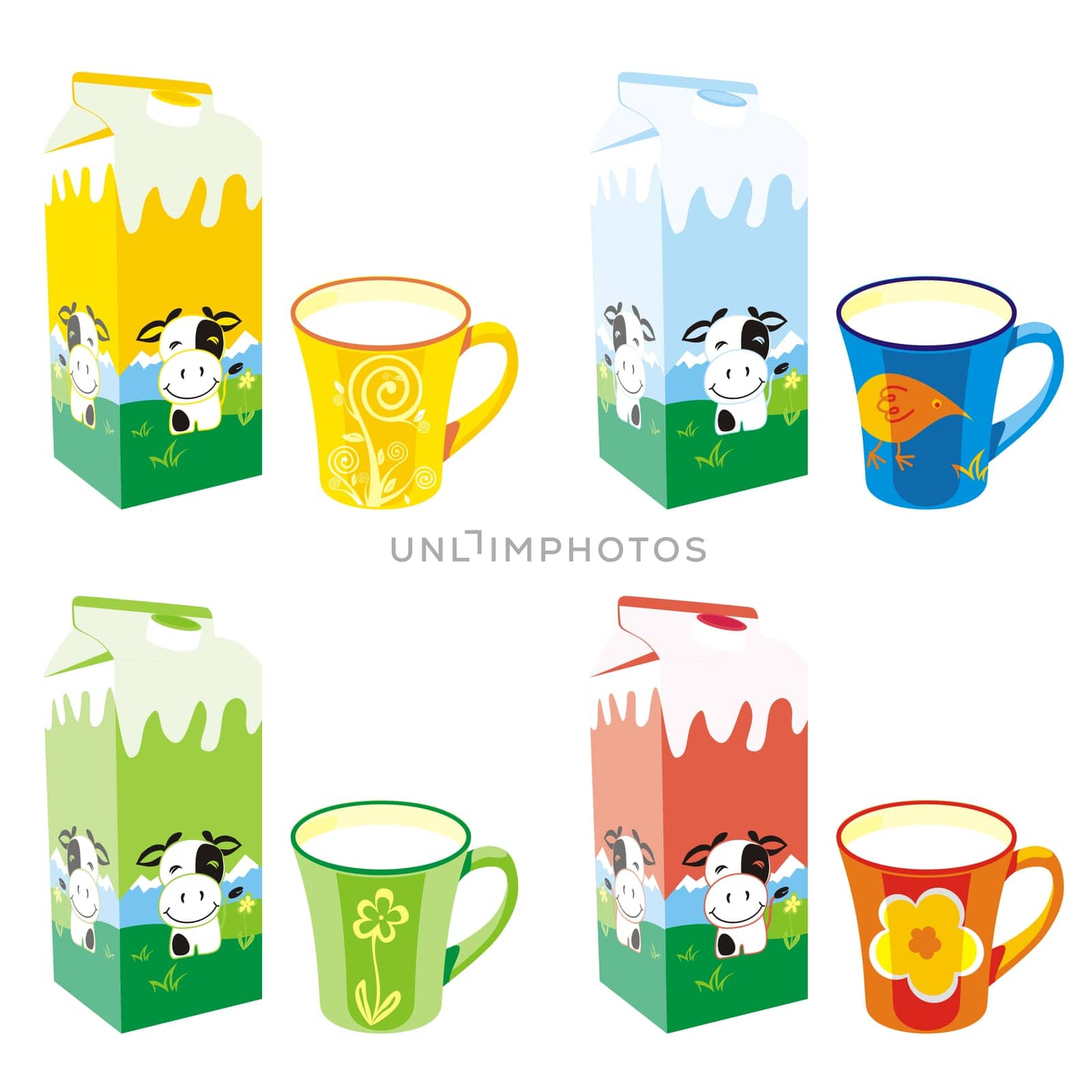 isolated milk carton boxes and mugs