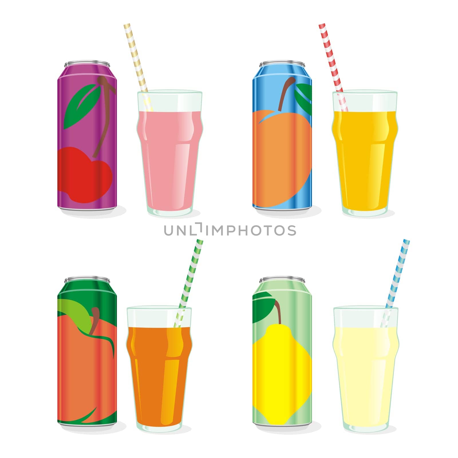 isolated juice cans and glasses