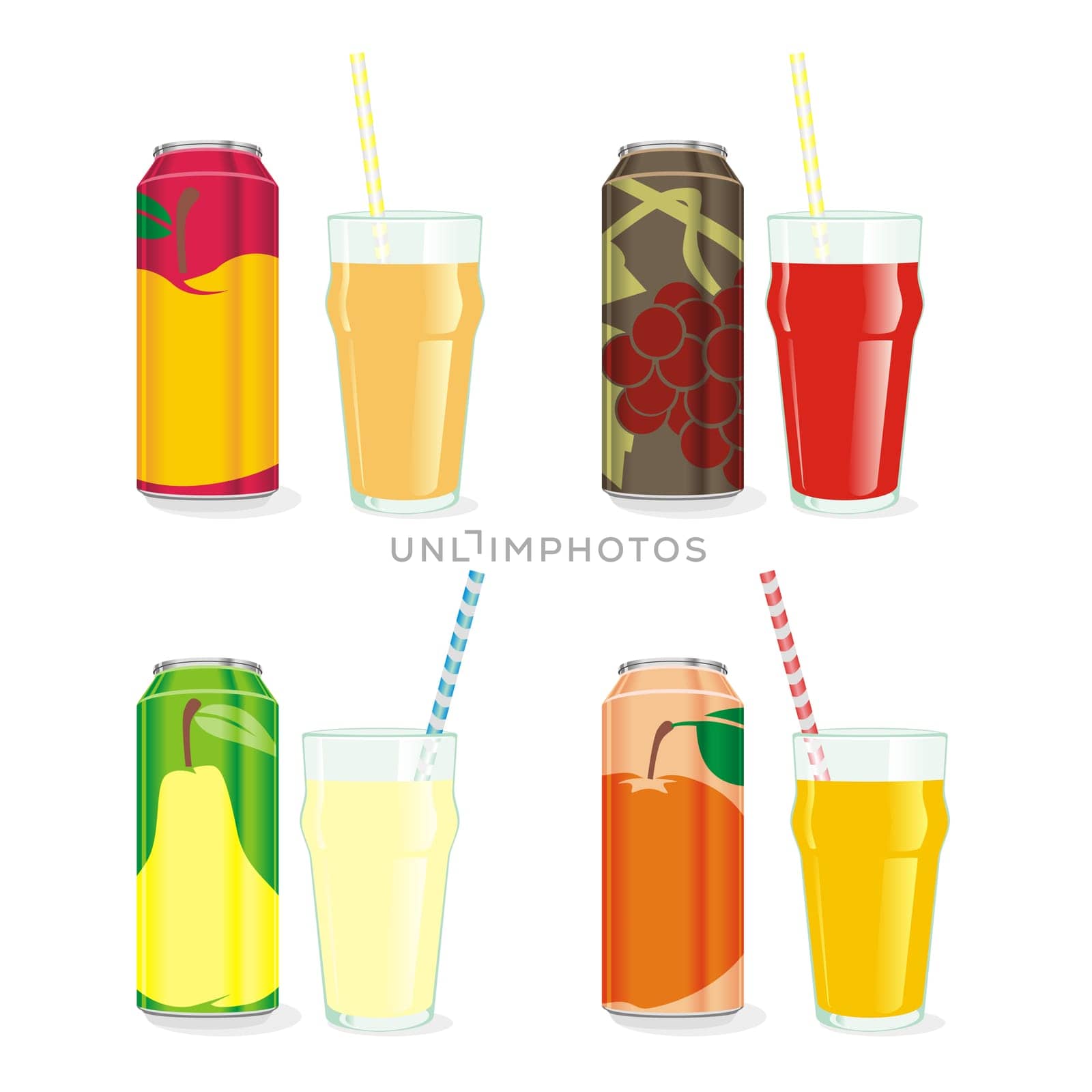 isolated juice cans and glasses