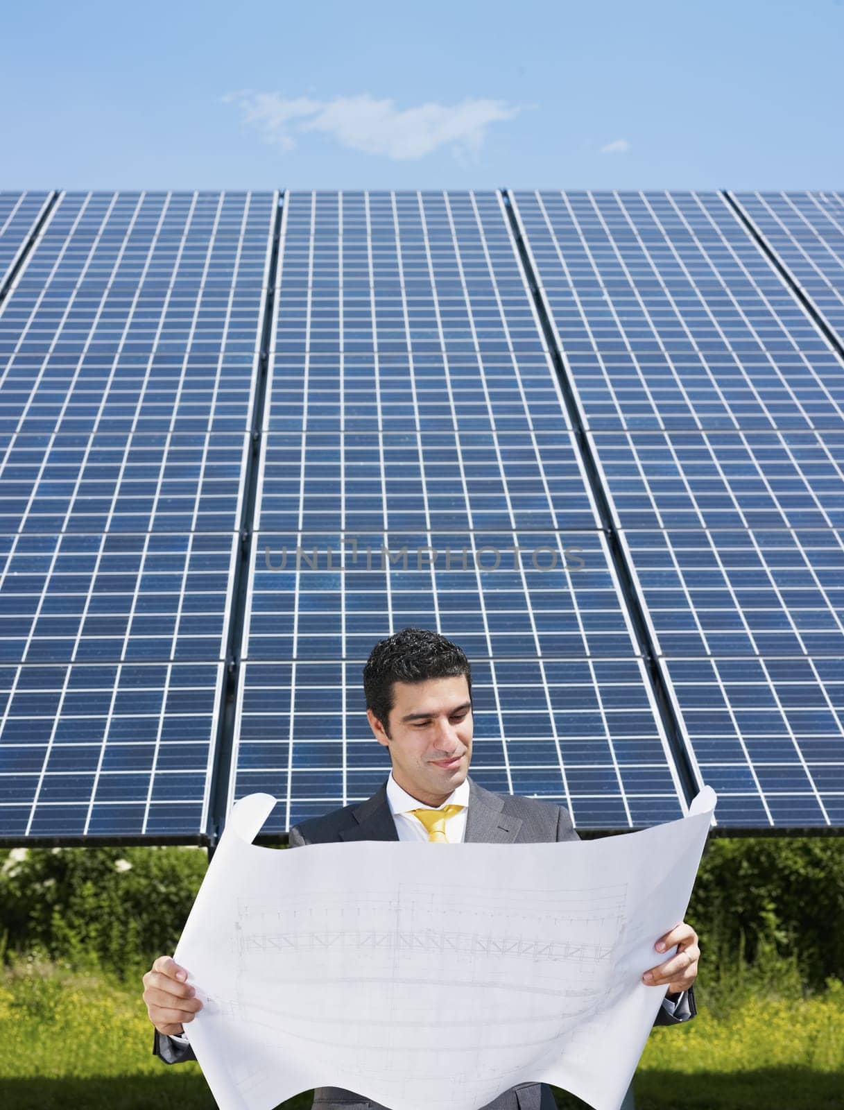 businessman and solar panels