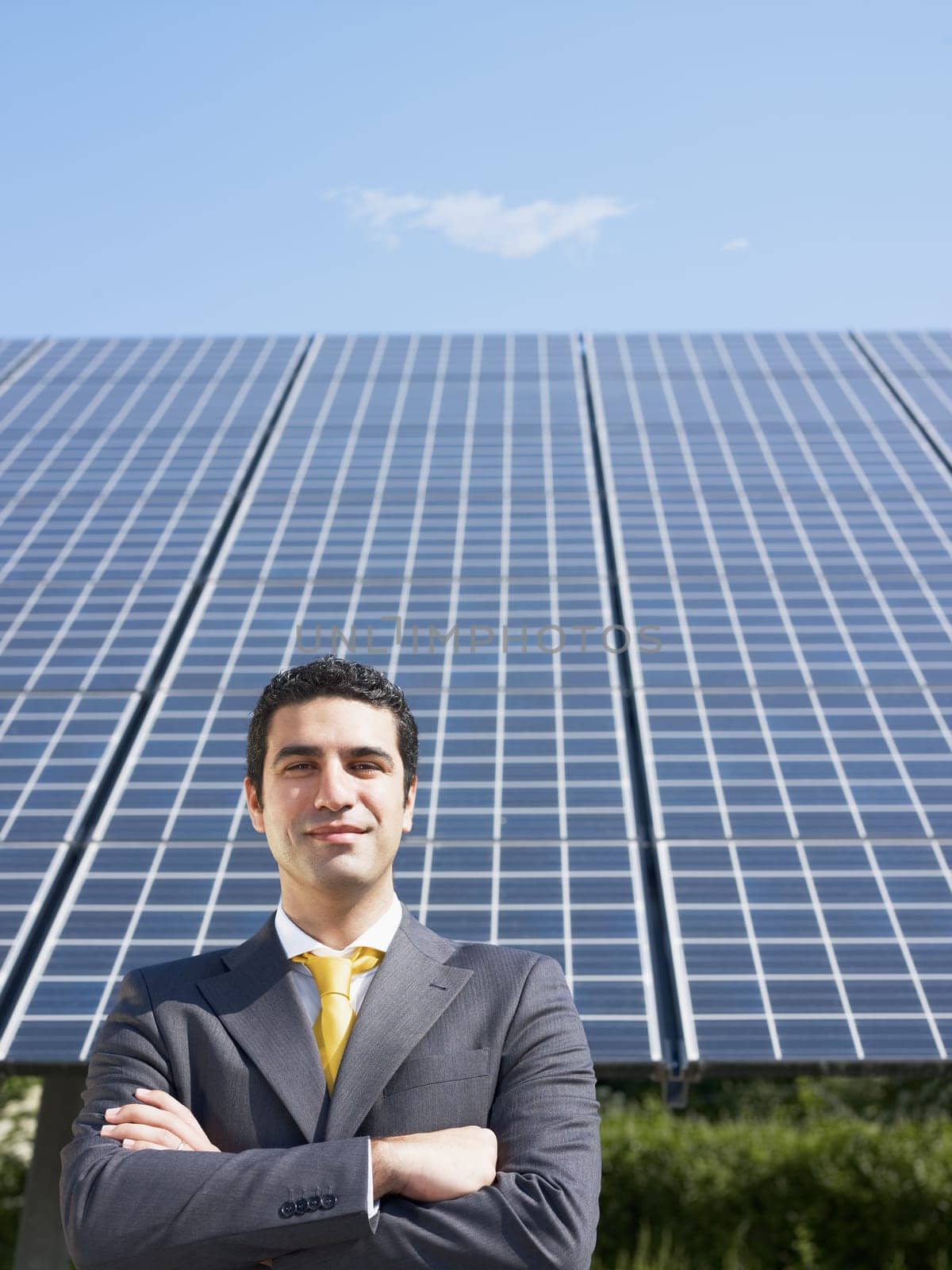 businessman and solar panels