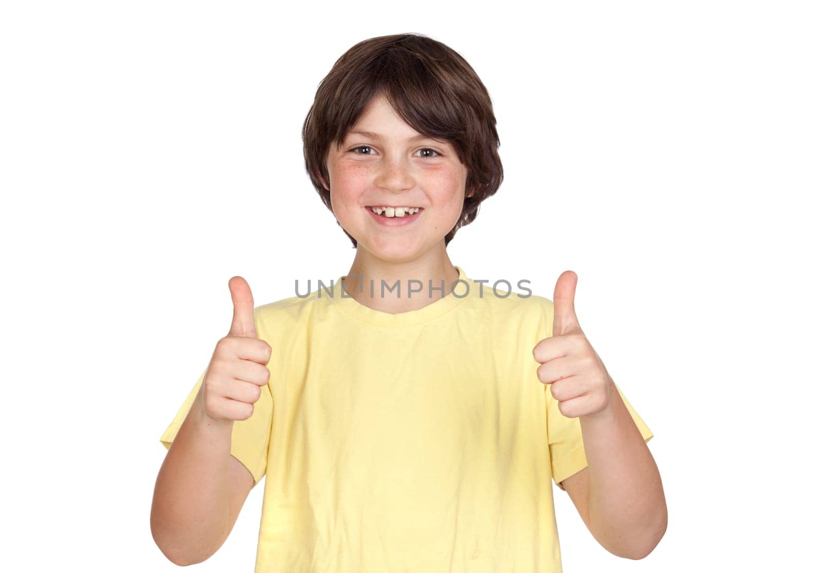 Funny portrait of freckled boy accepting