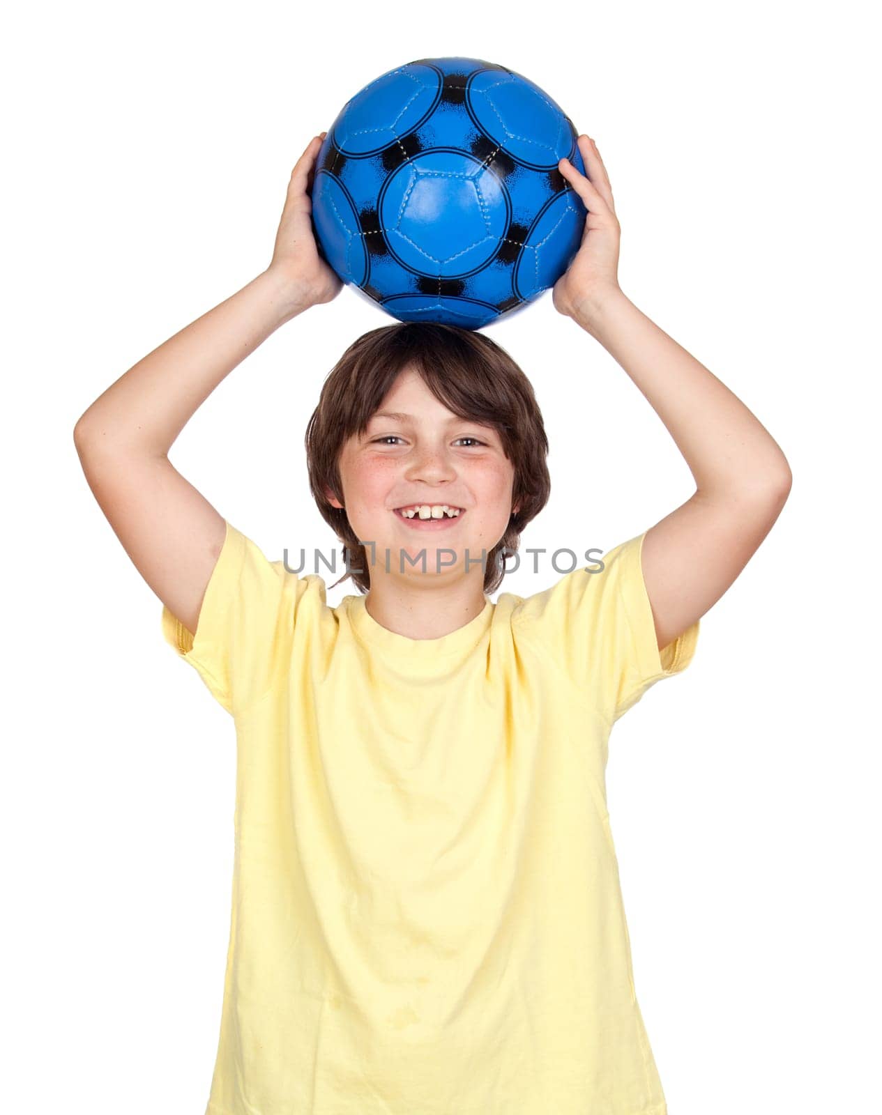 Adorable child with a blue soccer ball