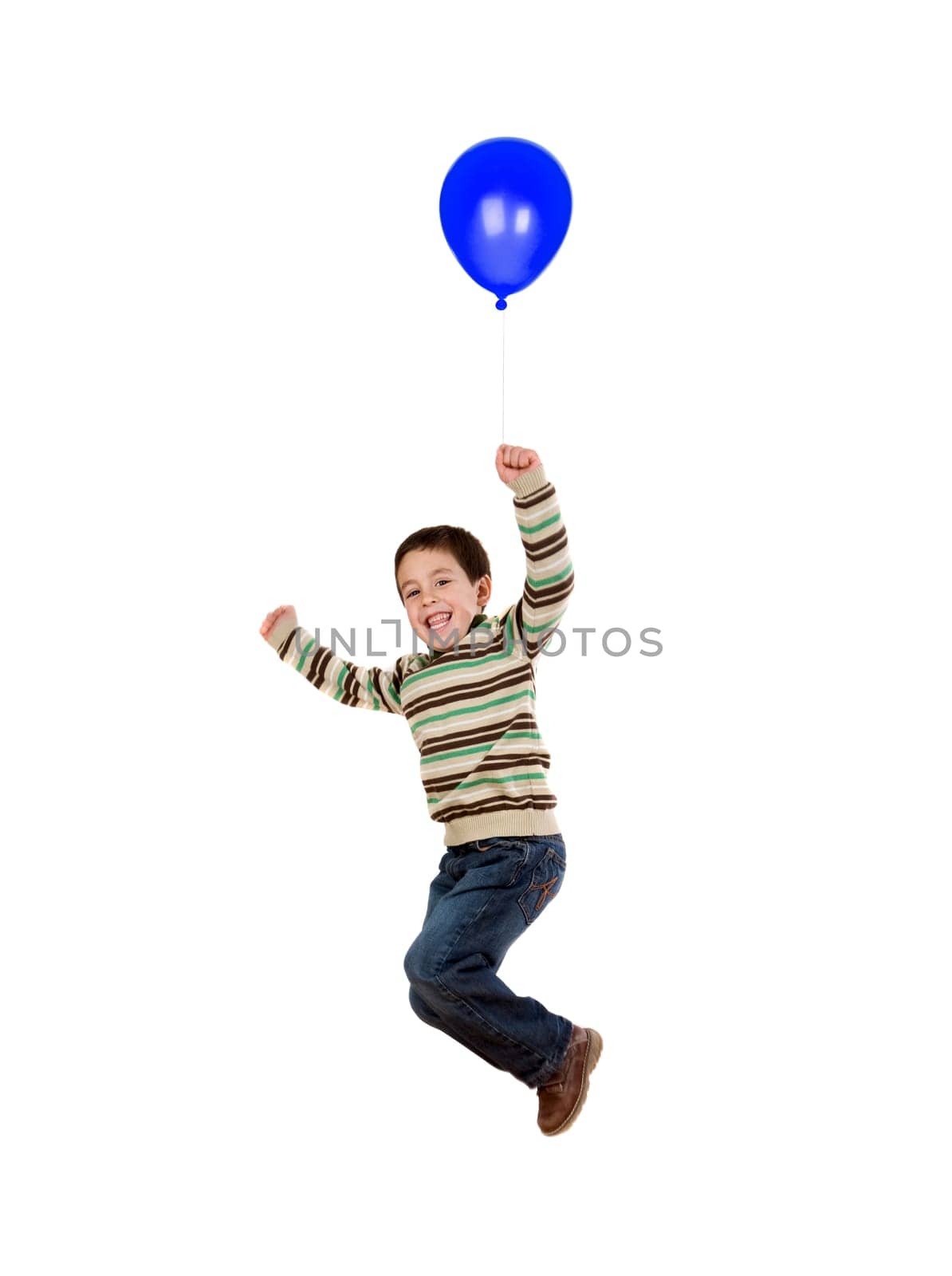 Child flying with blue balloon inflated