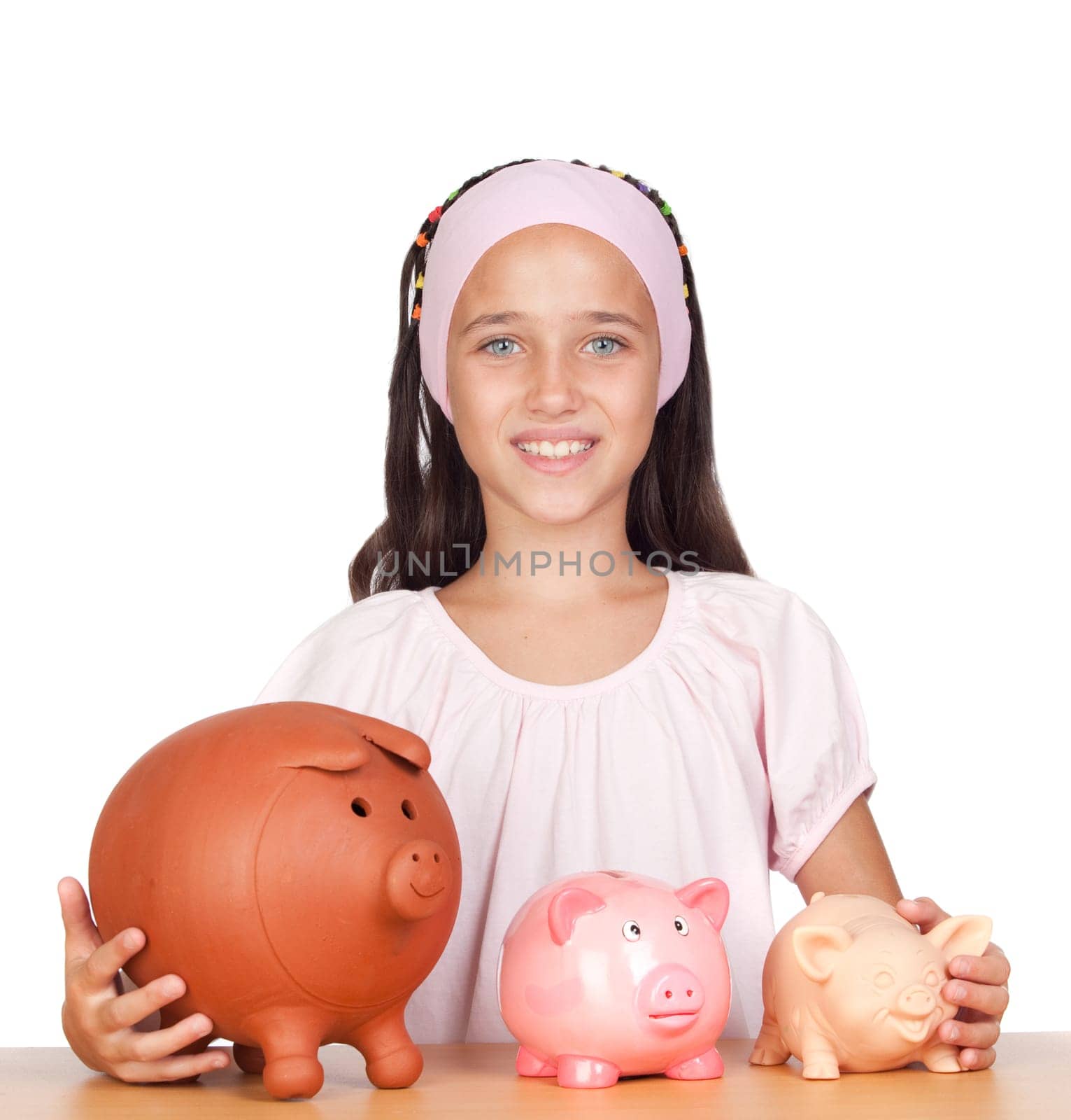 Little girl with three piggy-bank