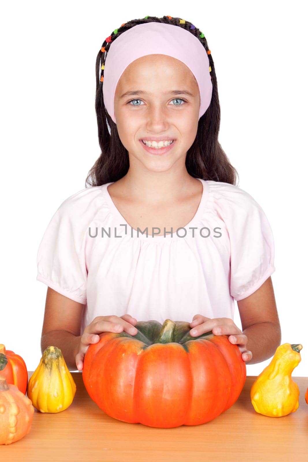 Happy girl in Halloween with a many pump
