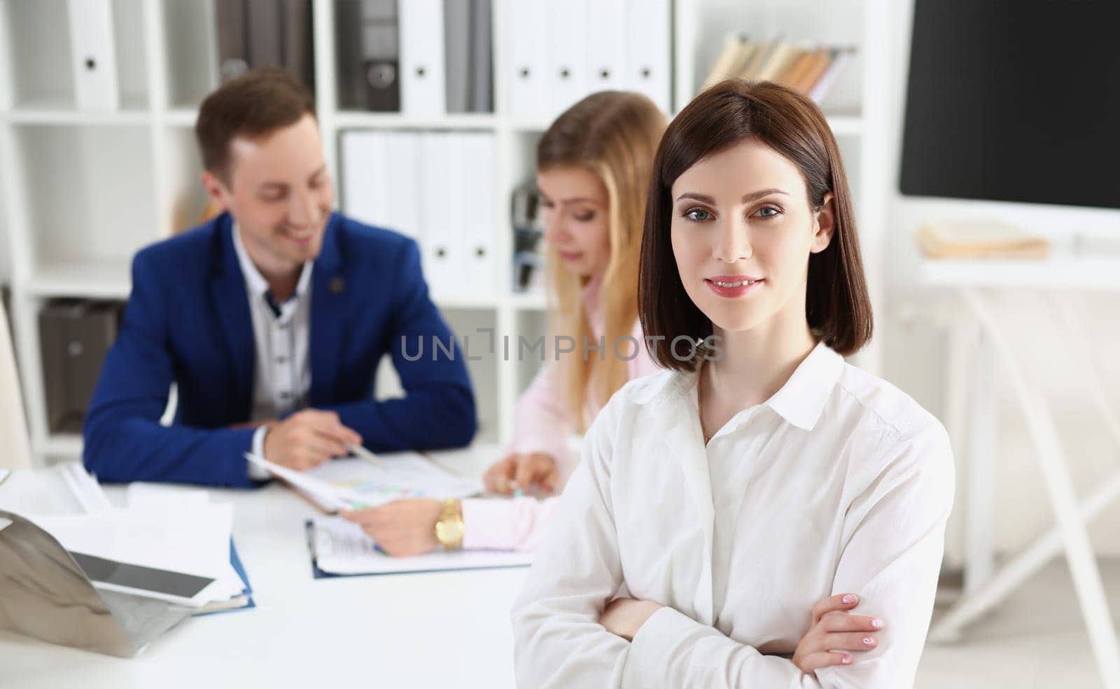 Businesswoman take part in corporation meeting, prepare annual financial report by kuprevich