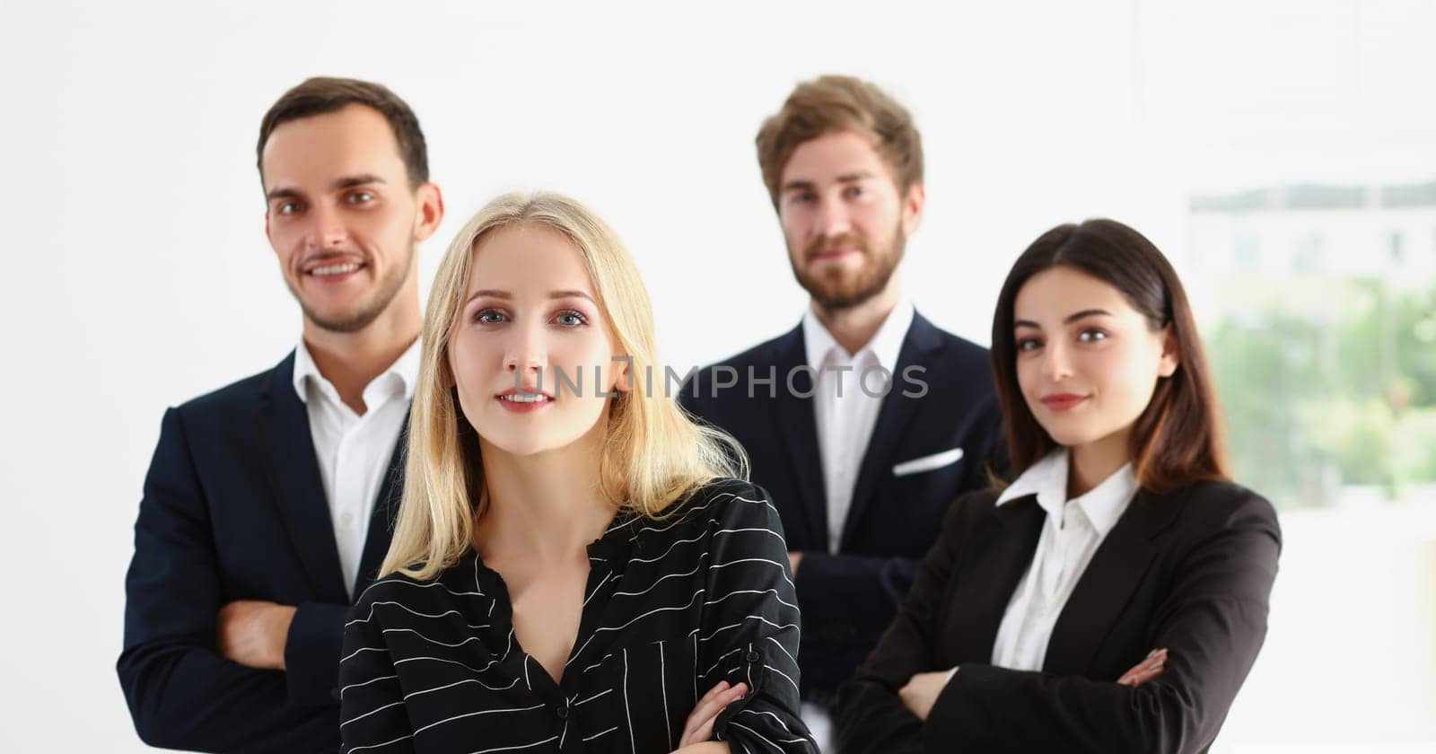 Confident work team people, businesspeople posing for collective picture in company by kuprevich
