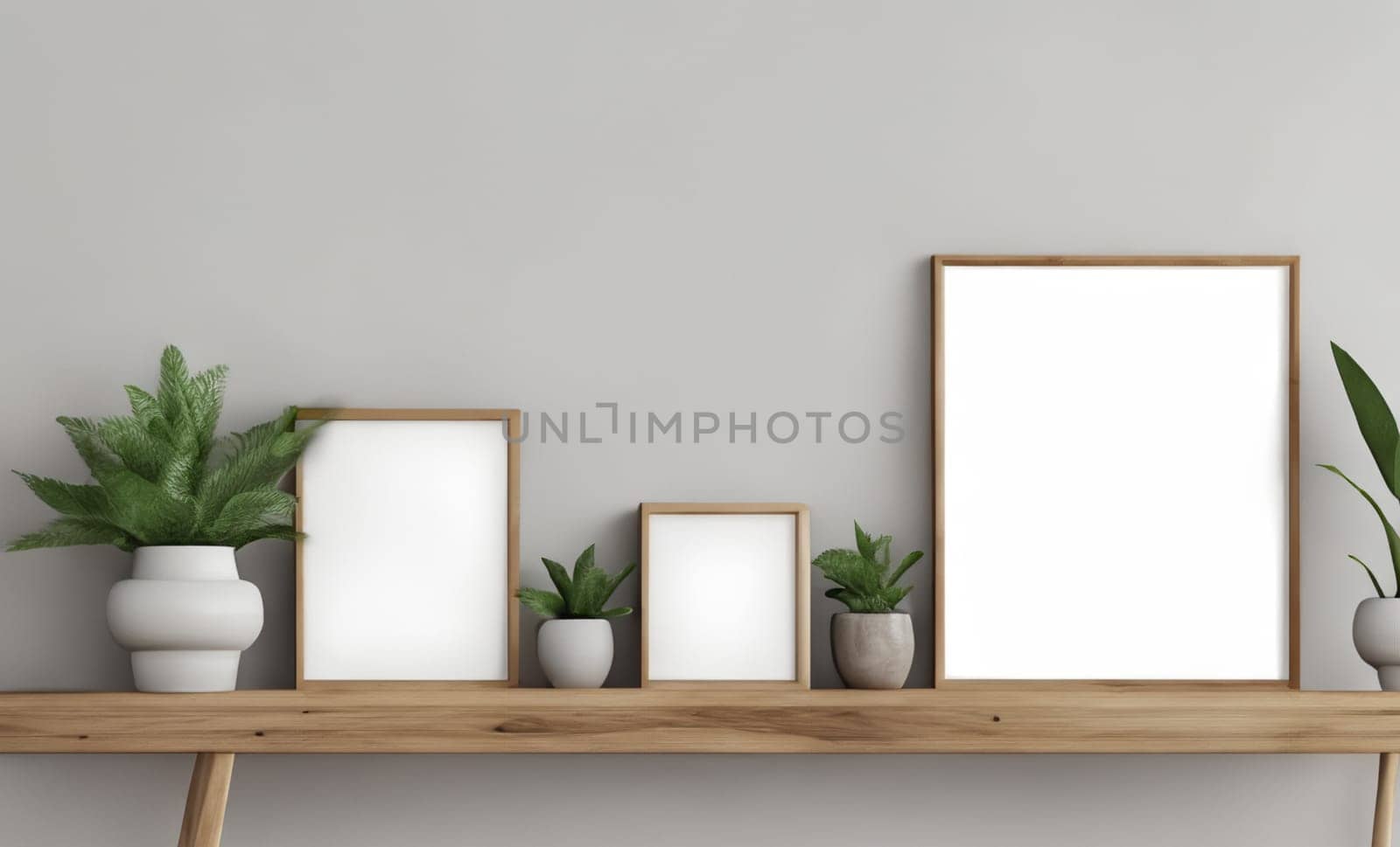 livind room mockup with shadows and photo frames at the wall with wooden shelff at the bottom