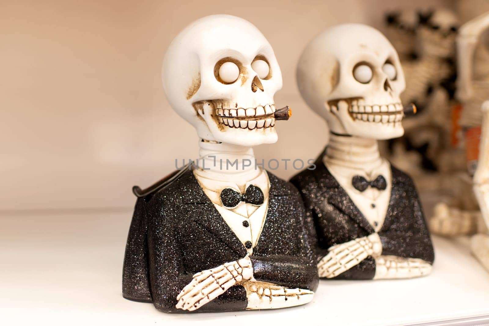 A skeleton in a tuxedo and a cigar. Halloween Costume Store