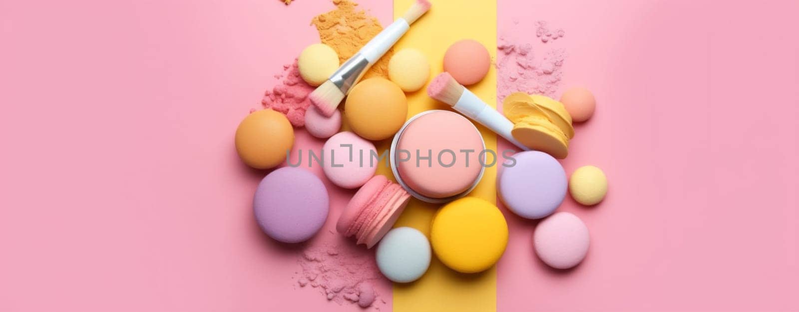 isolated color trend facial white composition nail product spa set eyeshadow cosmetic background bottle accessory feminine beauty object fashion layout care. Generative AI.