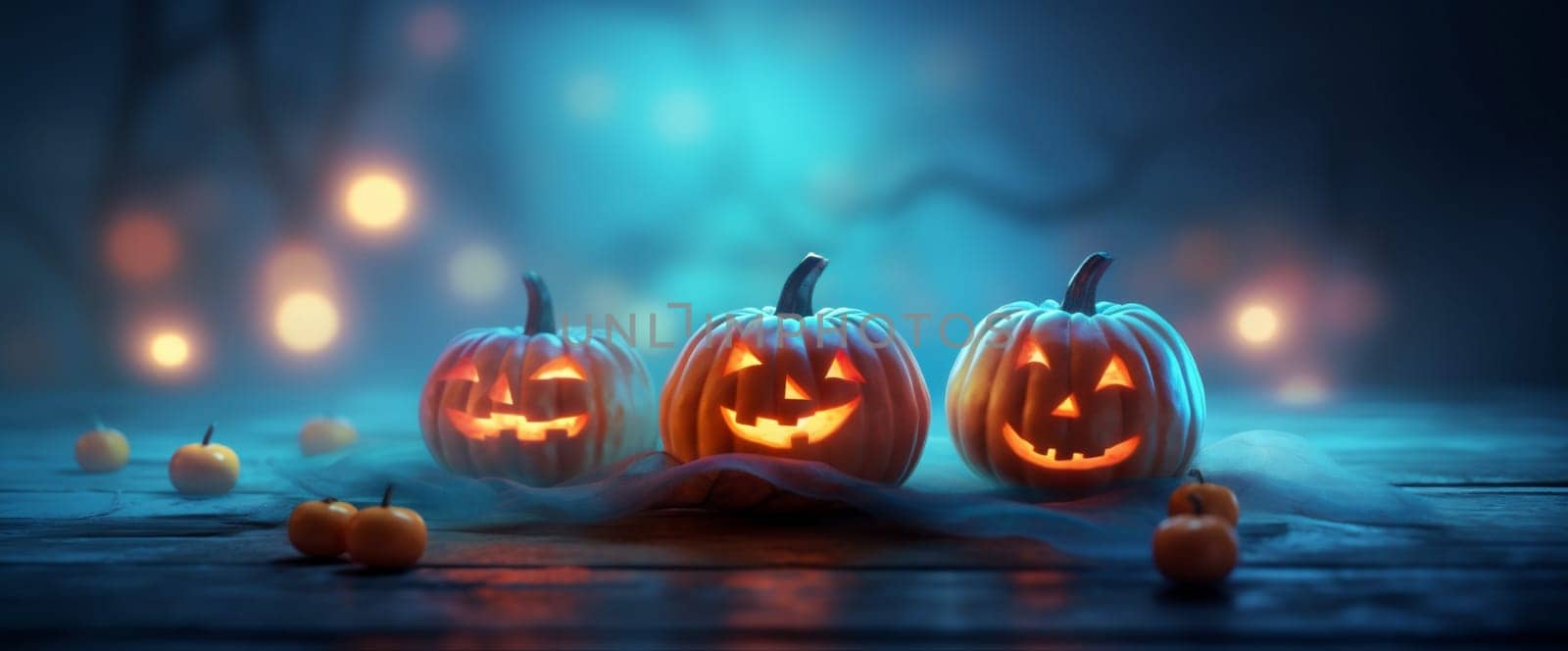 halloween fear background night mystery table evil jack horror blue pumpkin. Generative AI. by Vichizh
