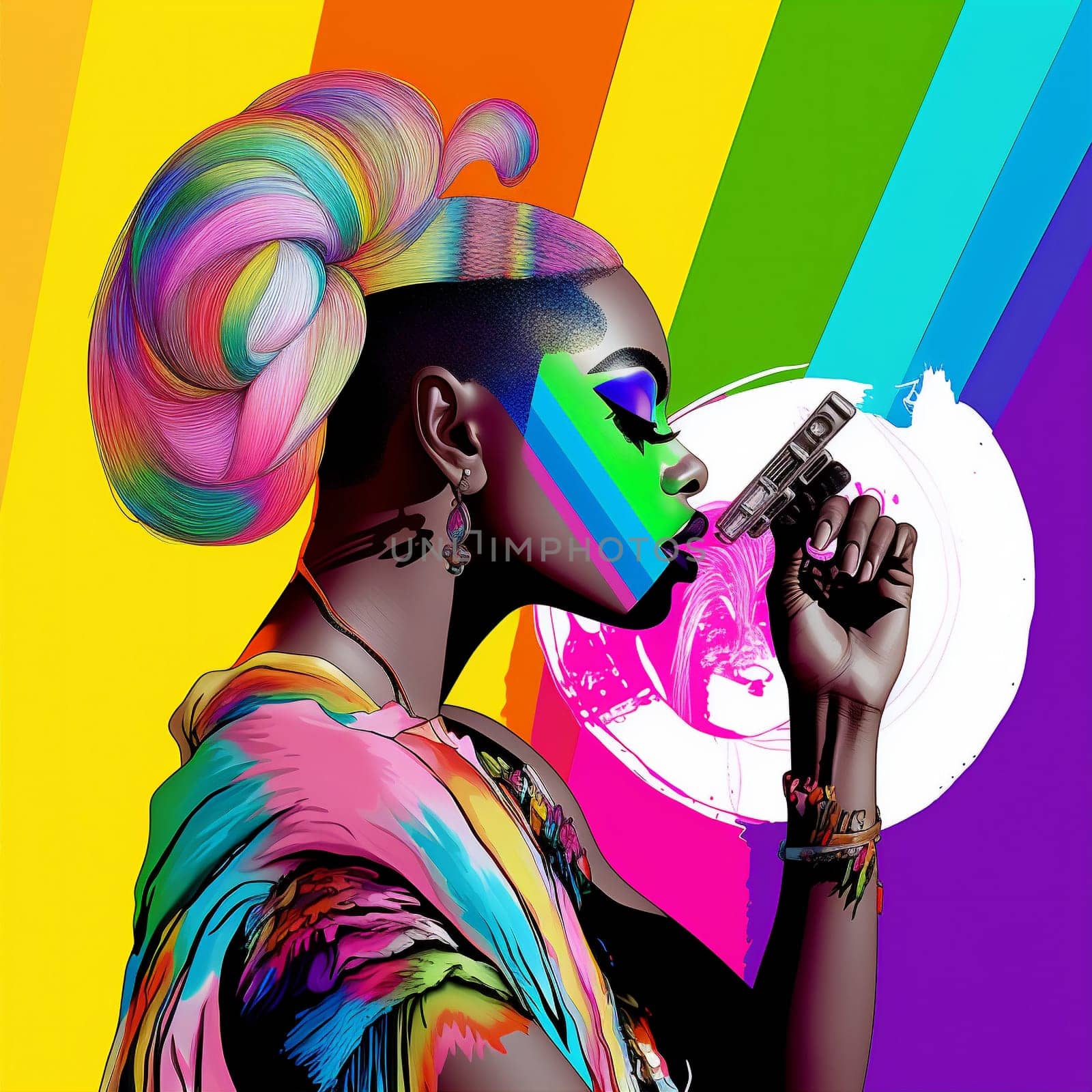 hair woman illustration face black fashion colours neon colourful art rainbow. Generative AI. by Vichizh