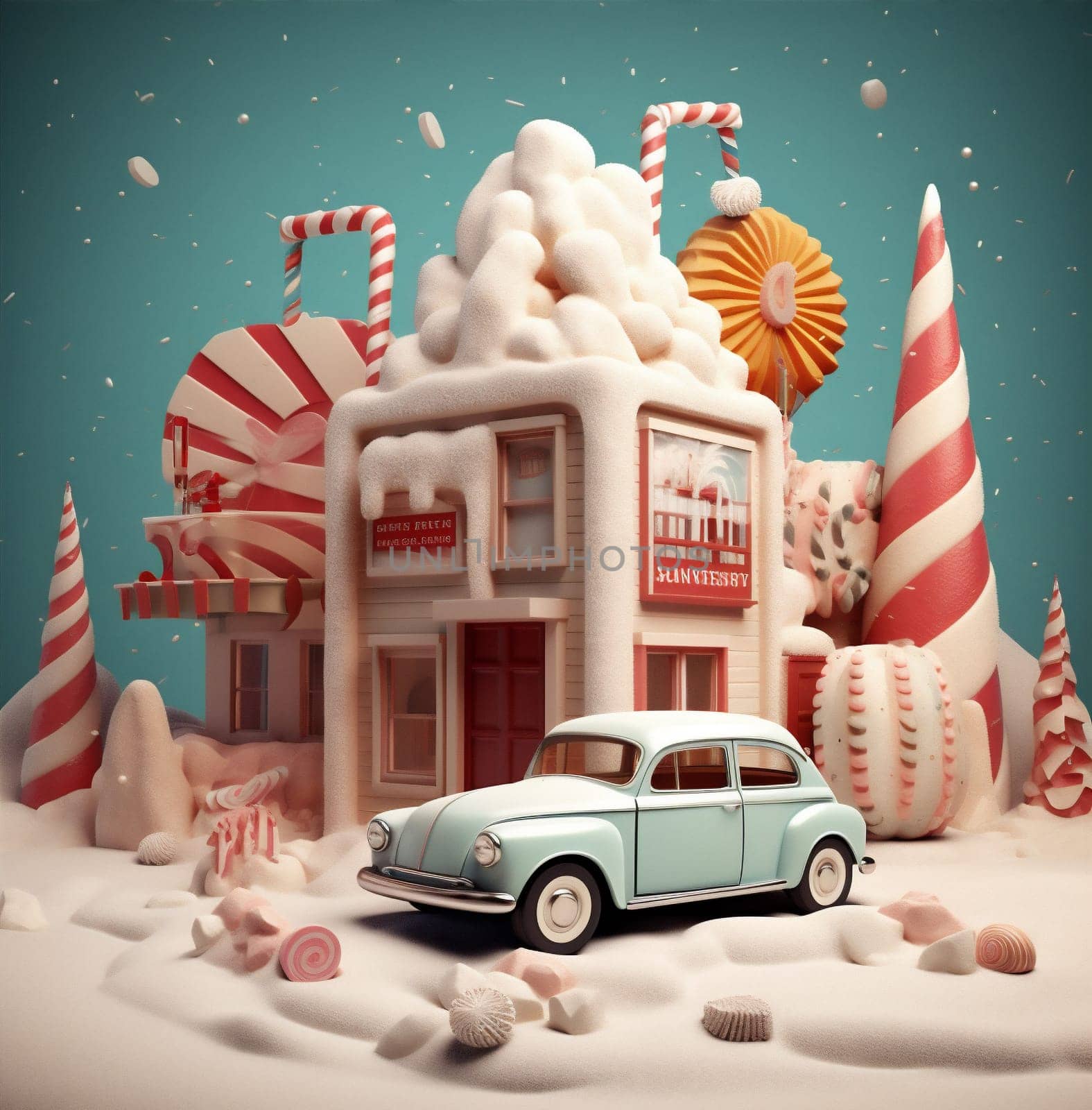 merry christmas festive gift candy retro snow holiday winter car. Generative AI. by Vichizh