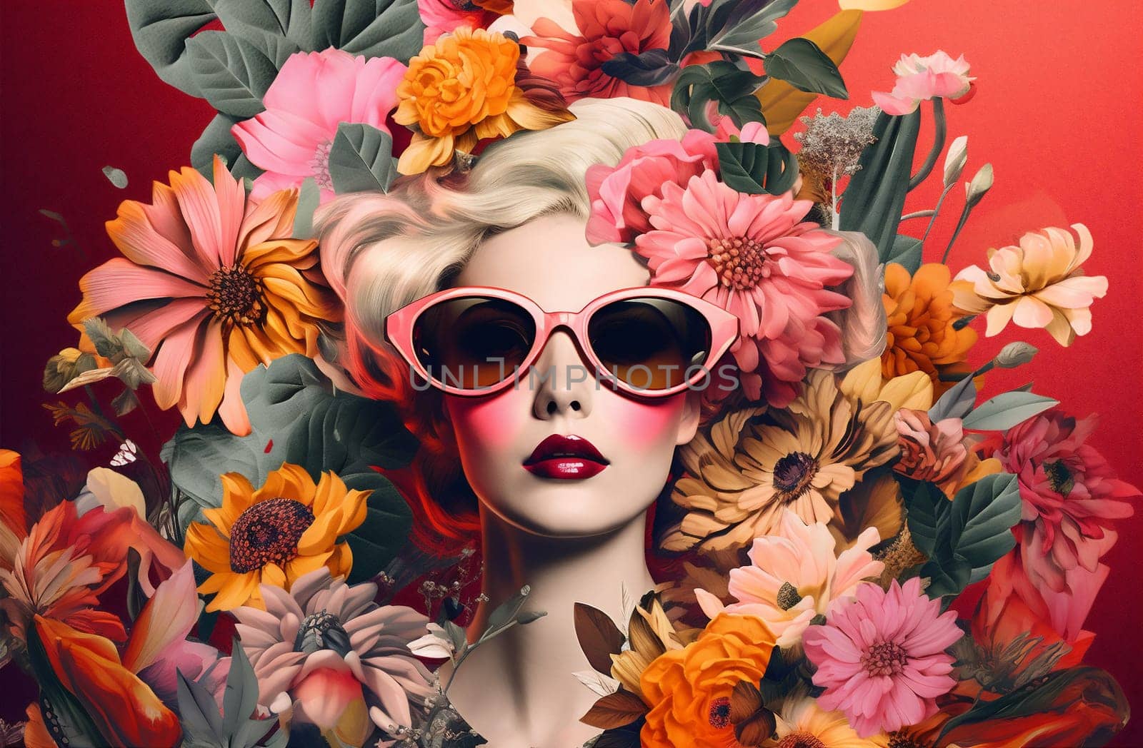 woman nature elegance art model head femininity abstract poster hipster fantasy concept trend face rose portrait beauty design bouquet fashion flower. Generative AI.