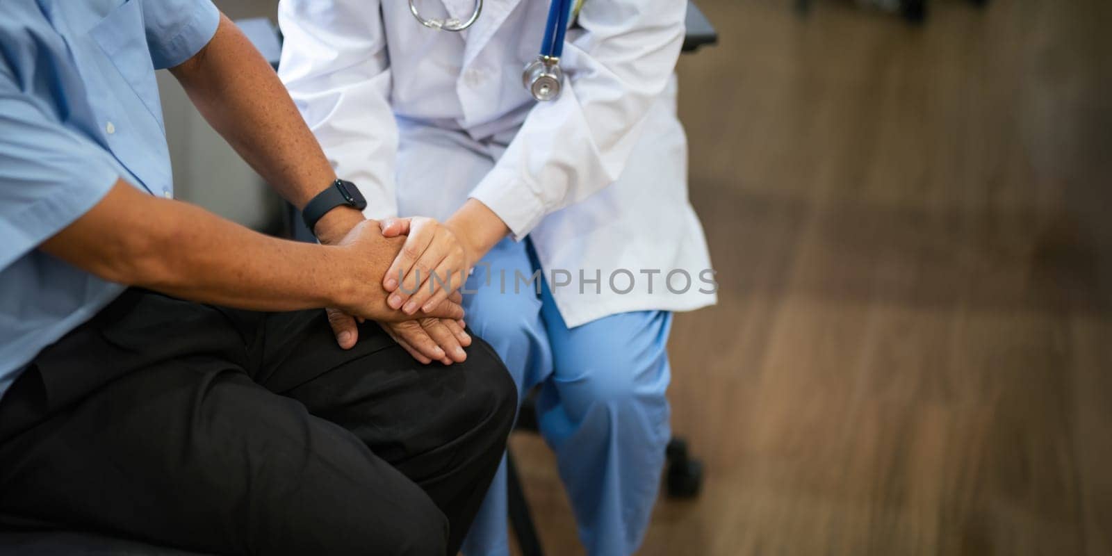 Empathy, trust and nurse caregiver holding hands with patient. consulting support and healthcare advice. Kindness, counseling and medical therapy in nursing home for hope, consultation and psychology.