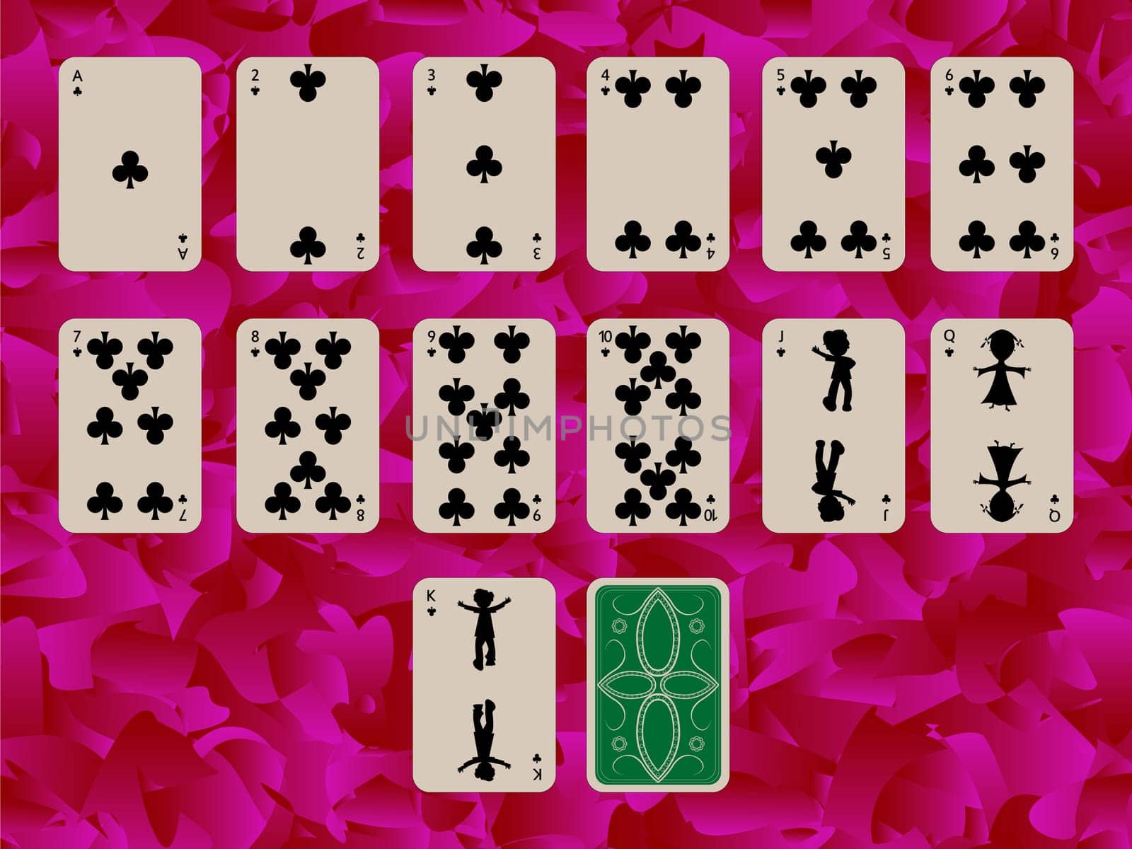suit of clubs playing cards on purple background