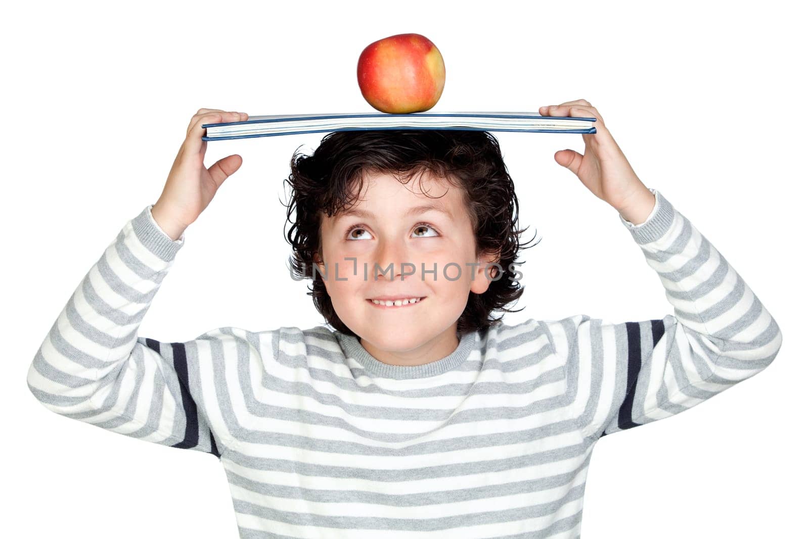 Student child with a book over his head