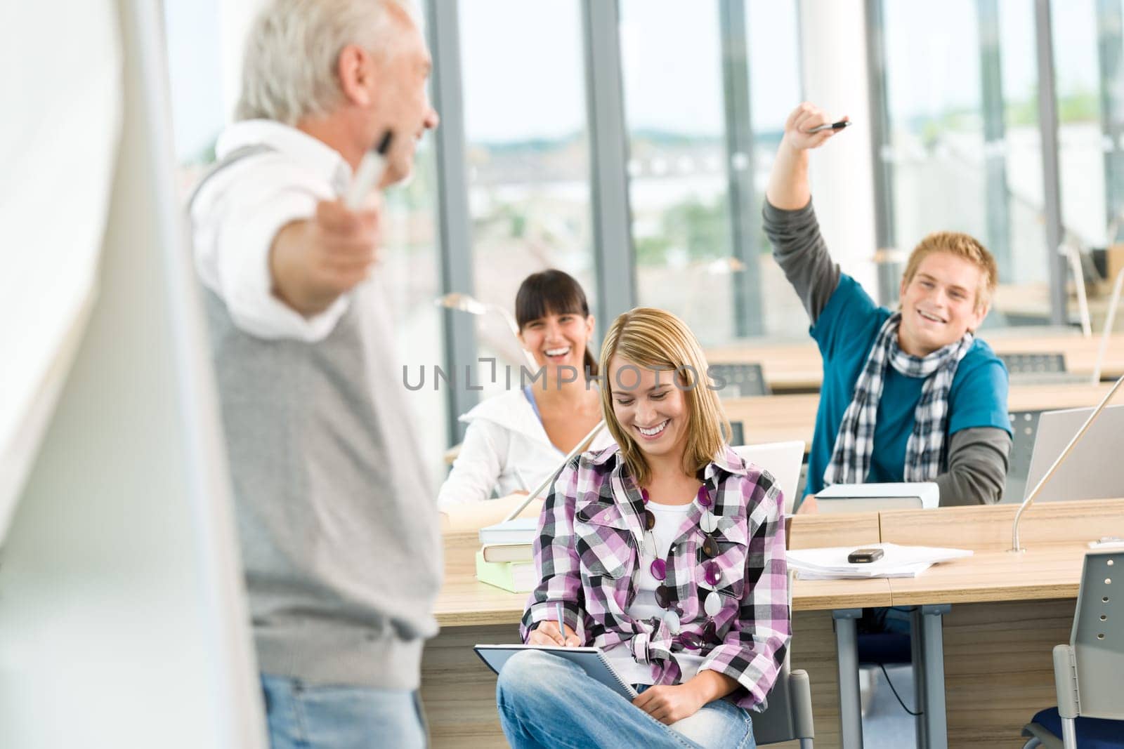 High school - three students with mature professor