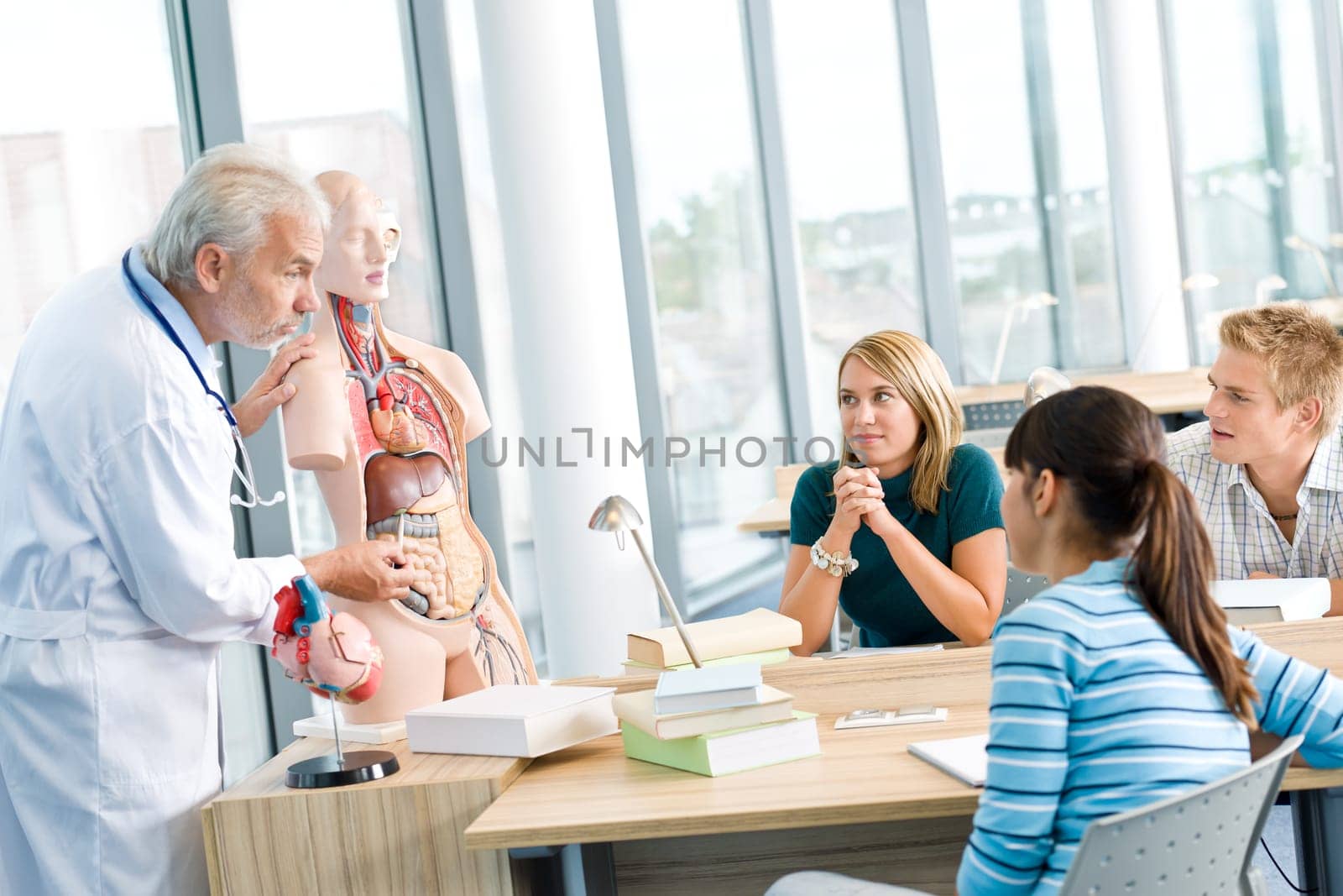 Medical students with professor and human anatomical model