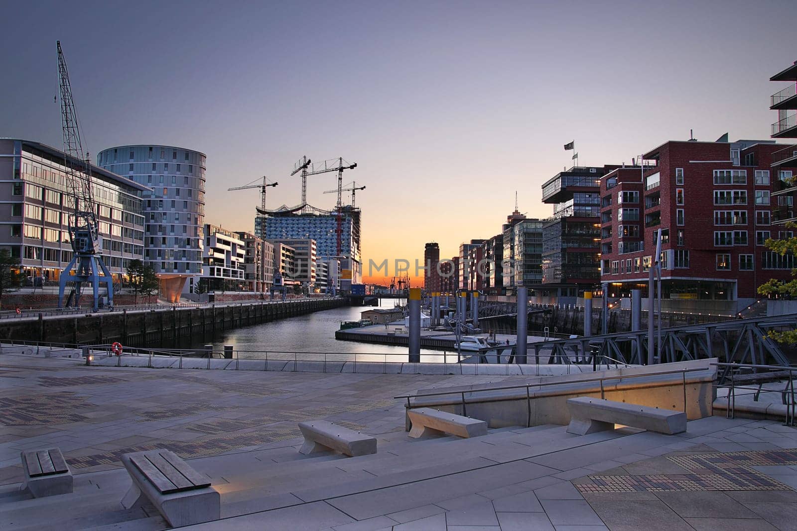 Hamburg Hafencity with construction site Elbphilharmonie in the evening