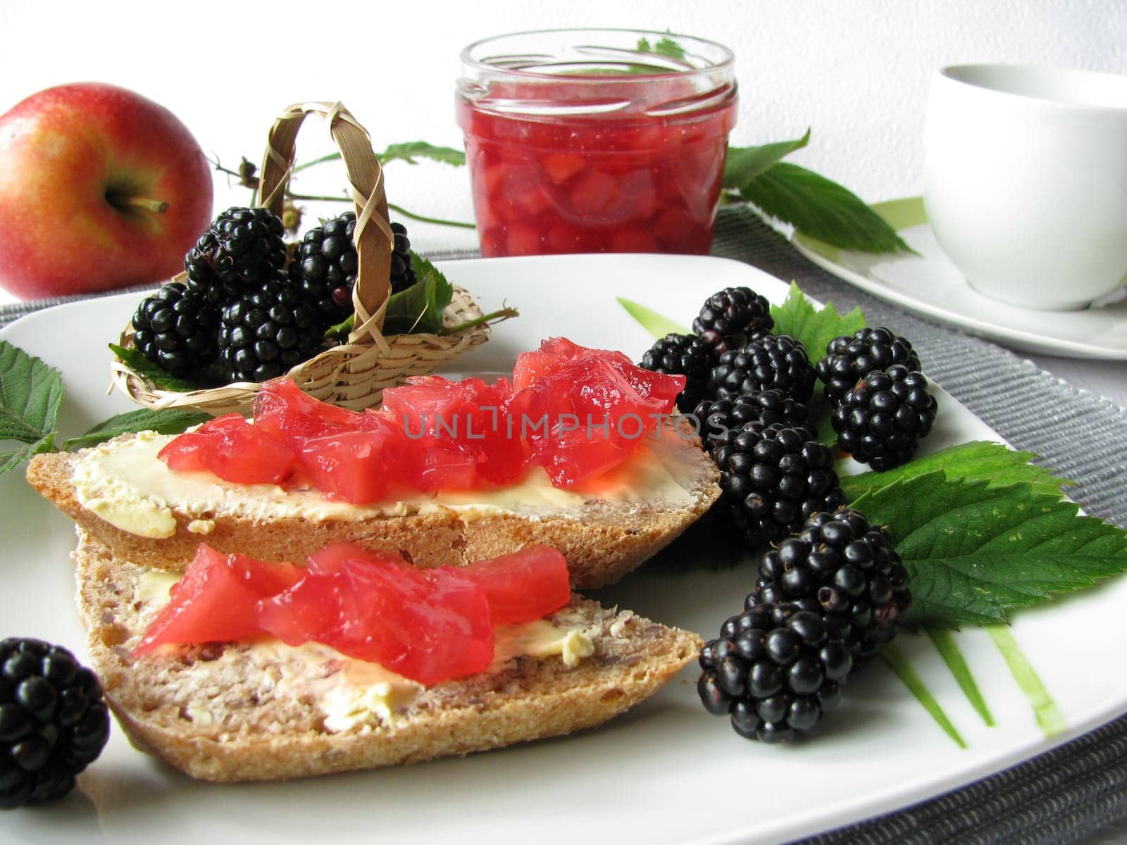 Breakfast with blackberry and apple jam