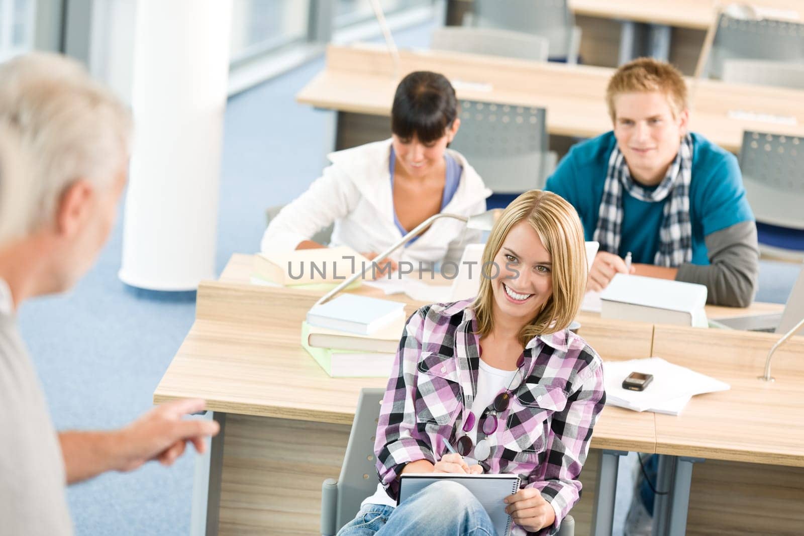 High school - three students with professor