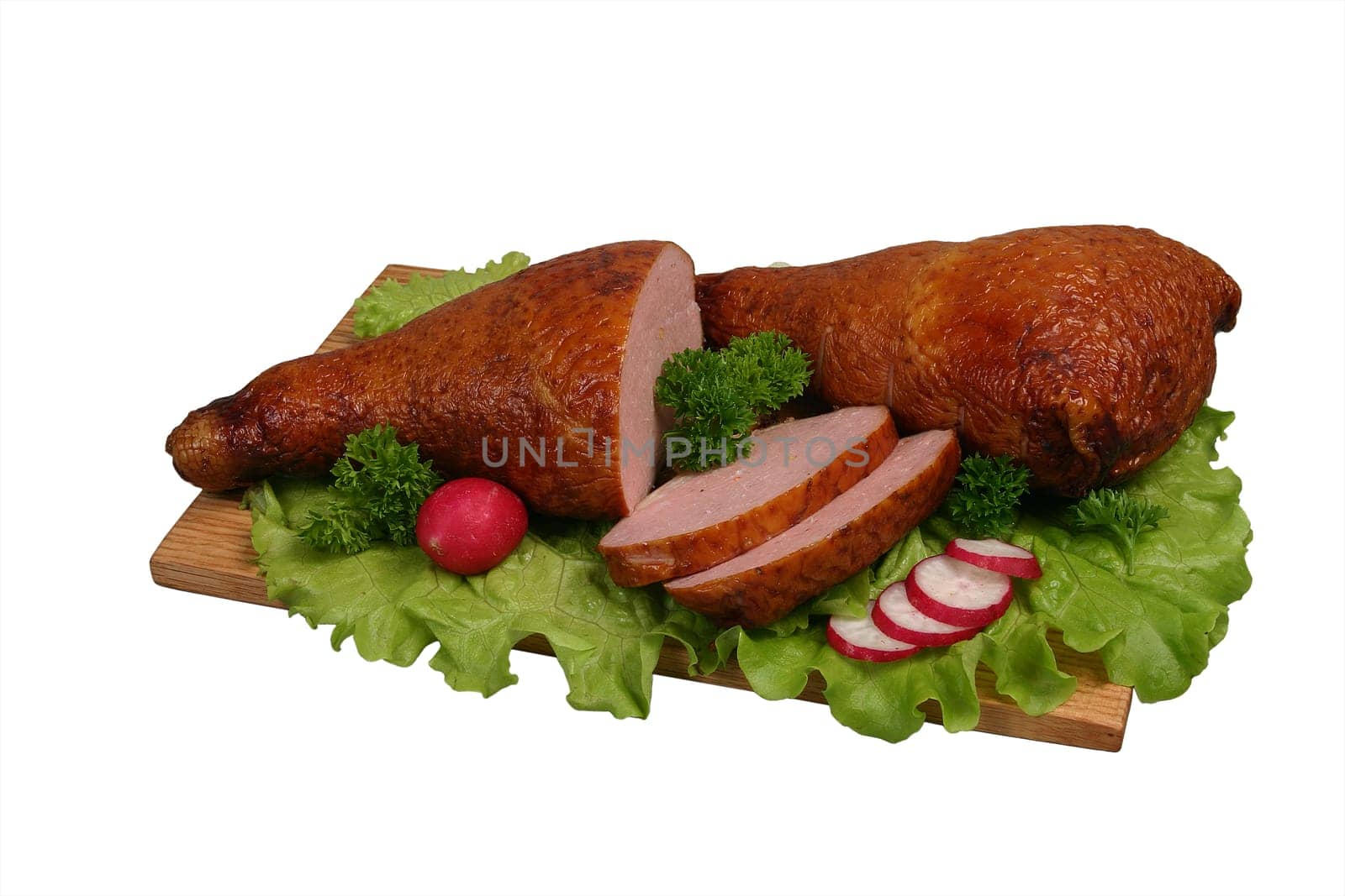 Smoked chicken on wooden board.
