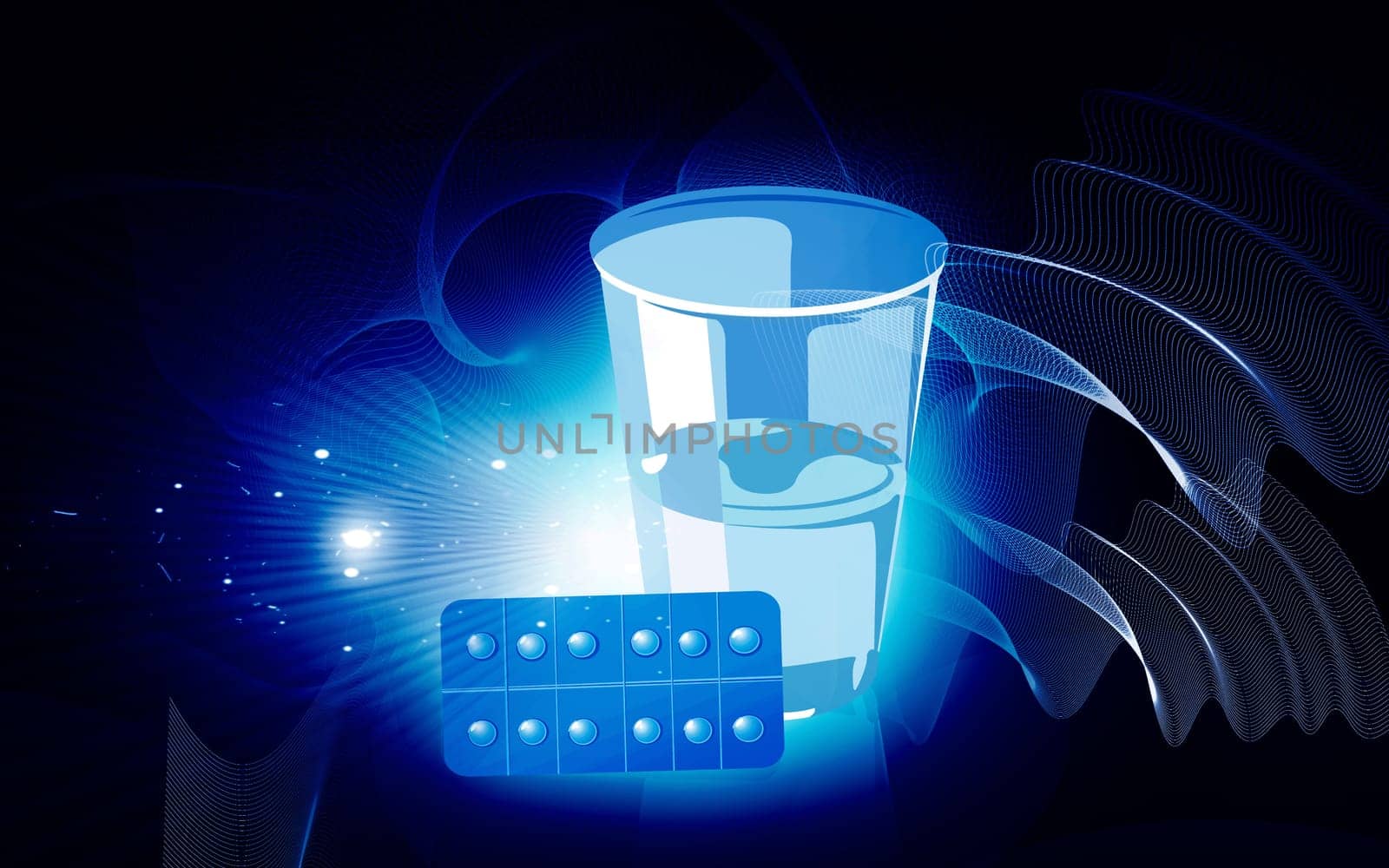 tablet stripe and glass of water