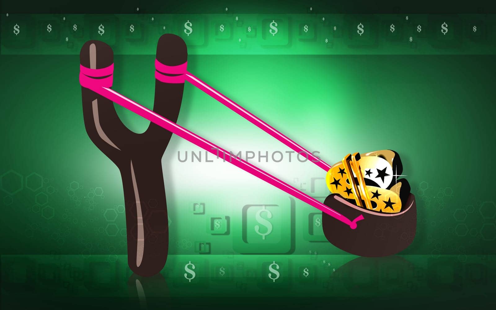slingshot aiming with a golden dollar