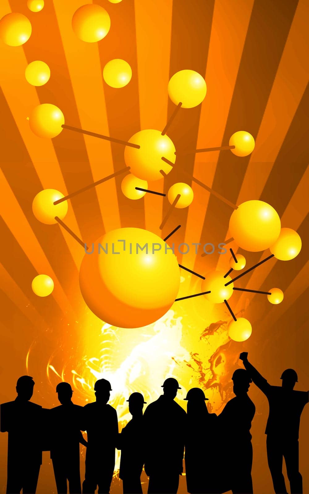 labourers standing under a ball pattern