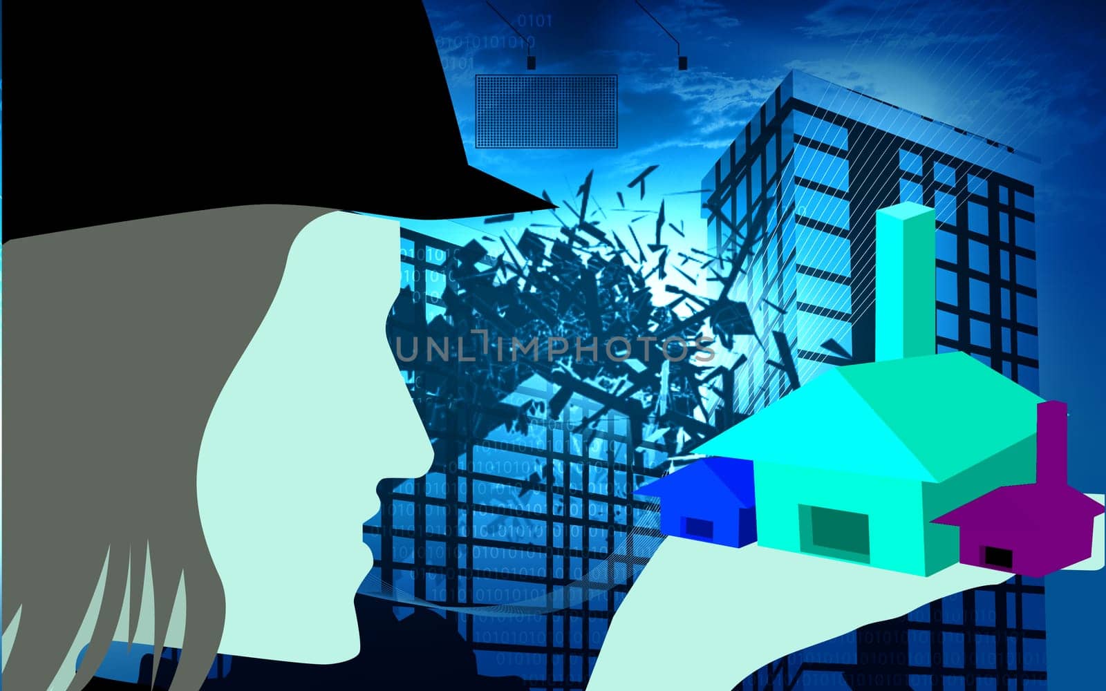 lady engineer holding three houses