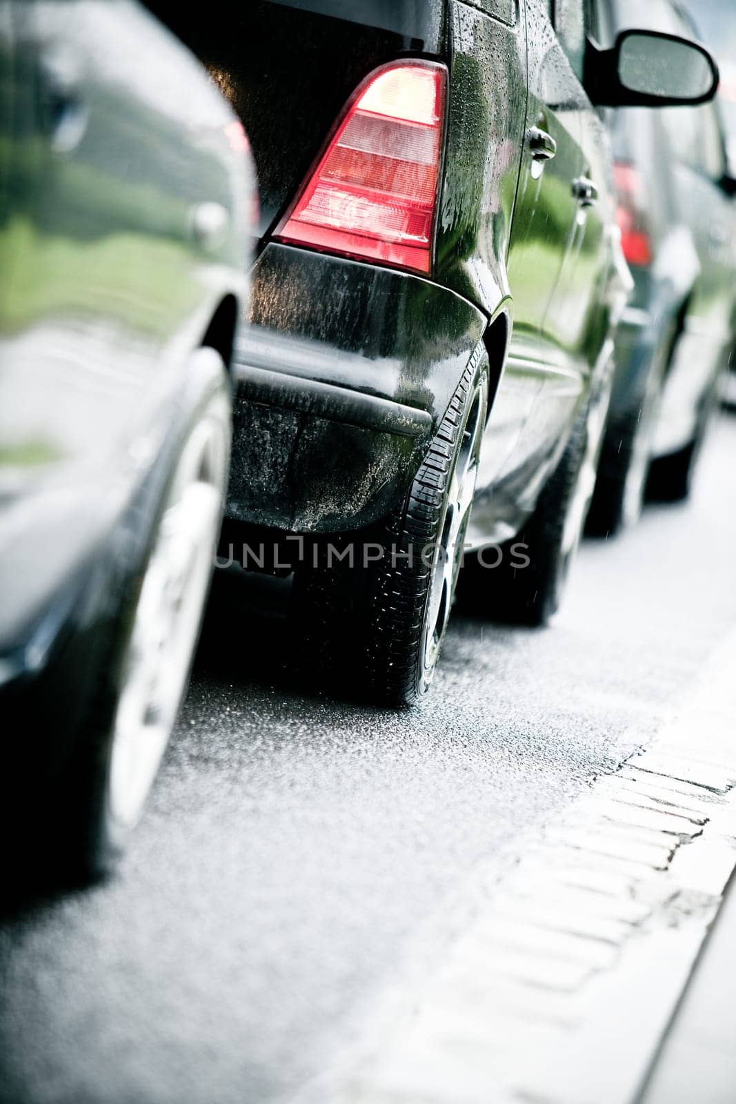 Traffic jam in highway during rain