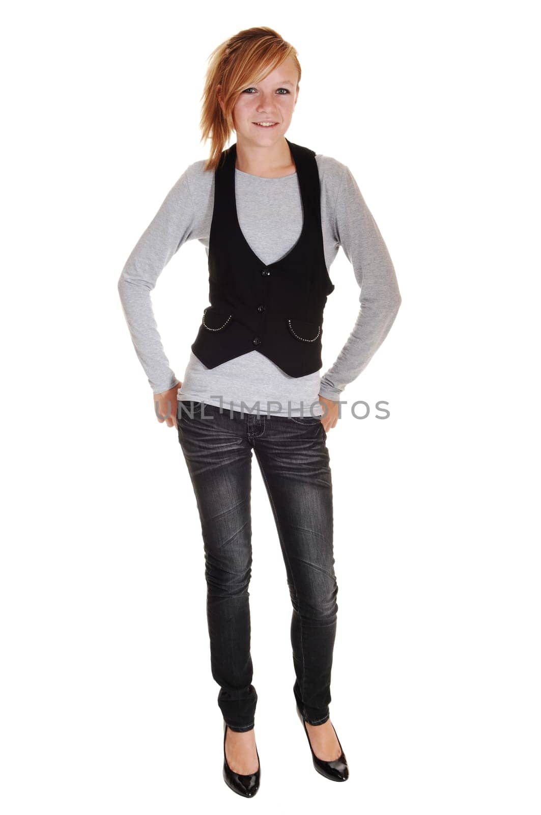 Blond girl in jeans.