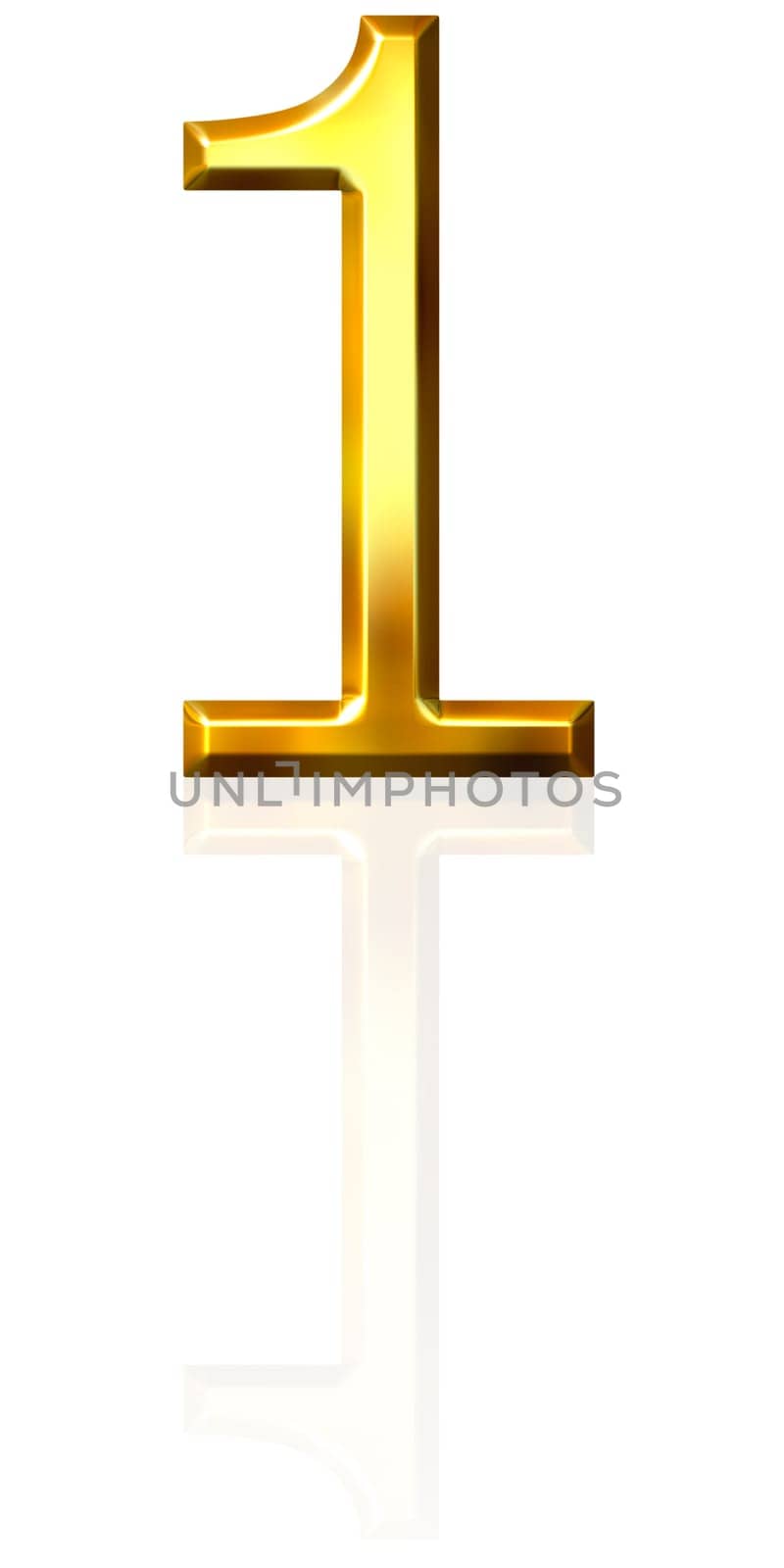 3d golden number 1 with reflection
