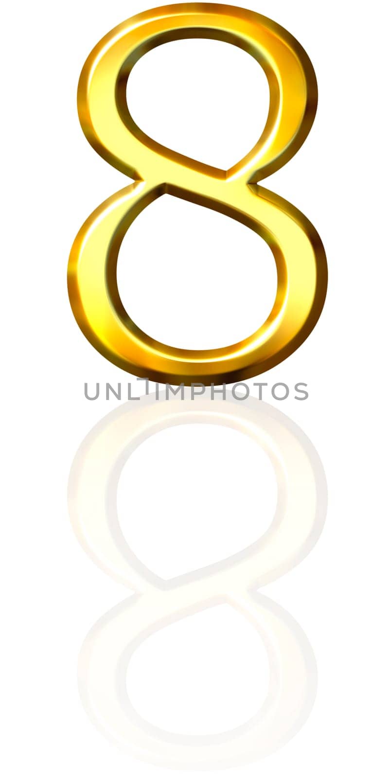 3d golden number 8 with reflection