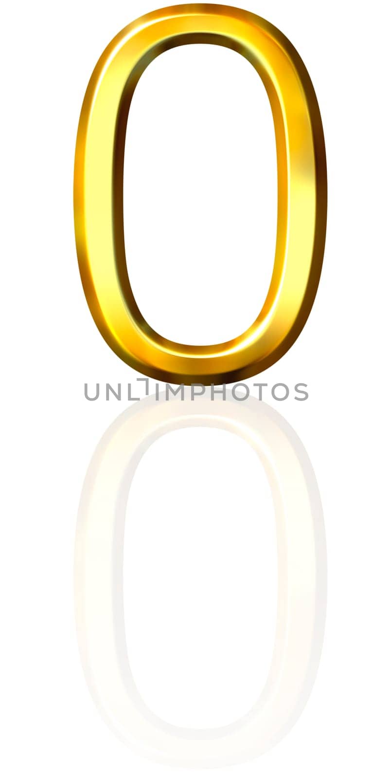 3d golden number 0 with reflection