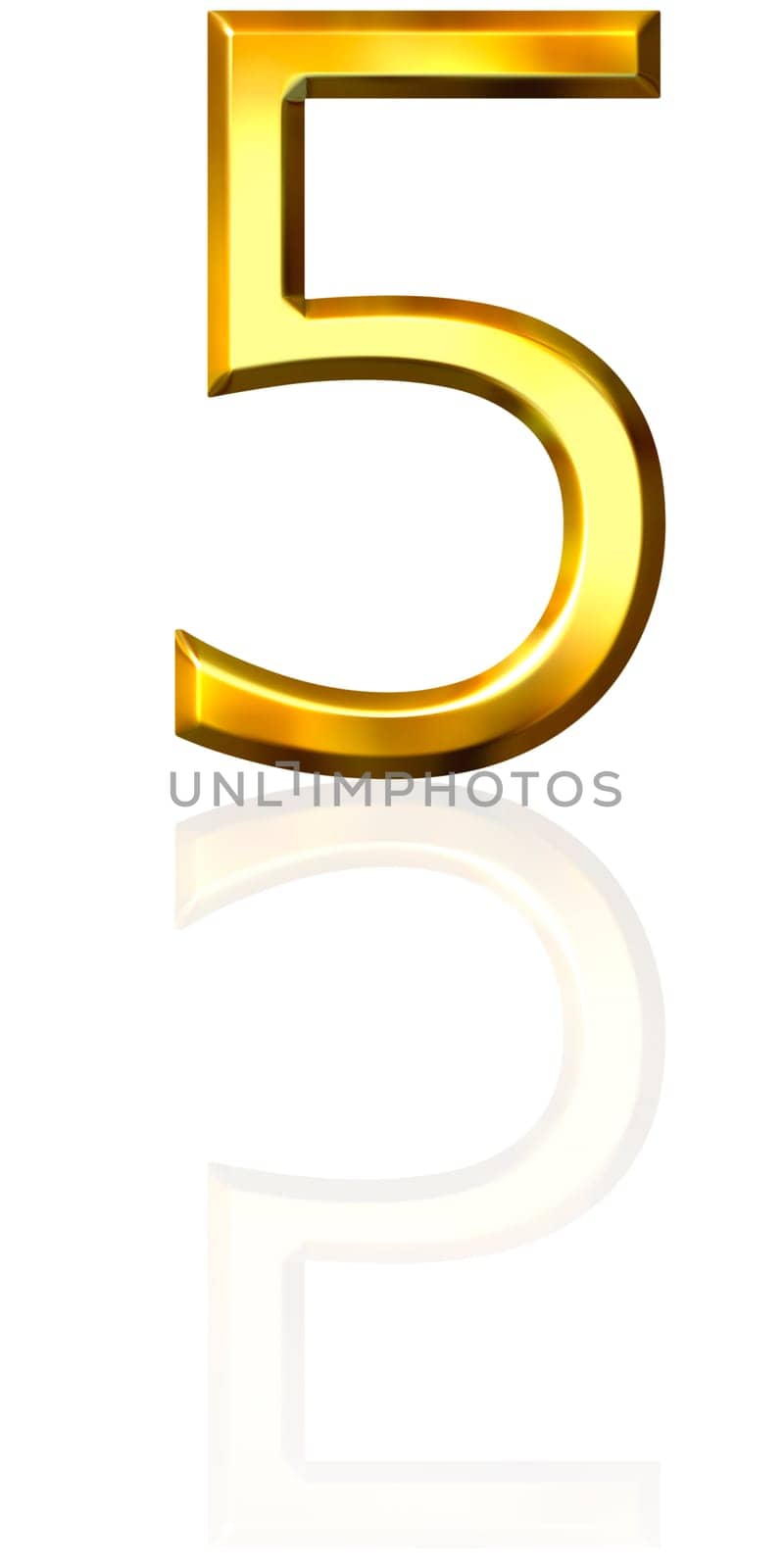 3d golden number 5 with reflection