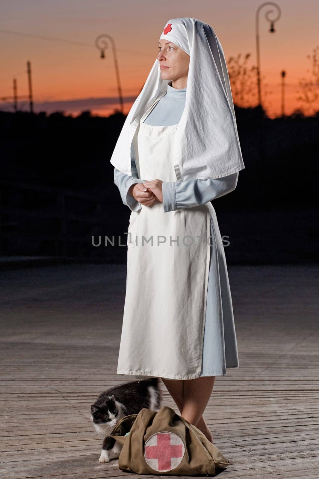 Retro styled nurse with cat and first ai
