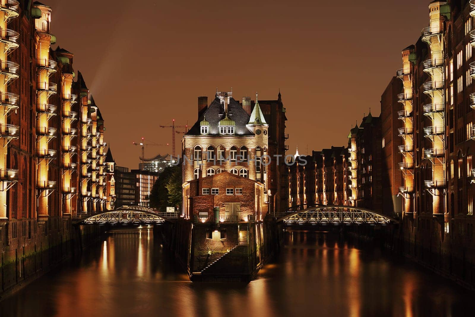 Hamburg Speicherstadt - illuminated moated castle