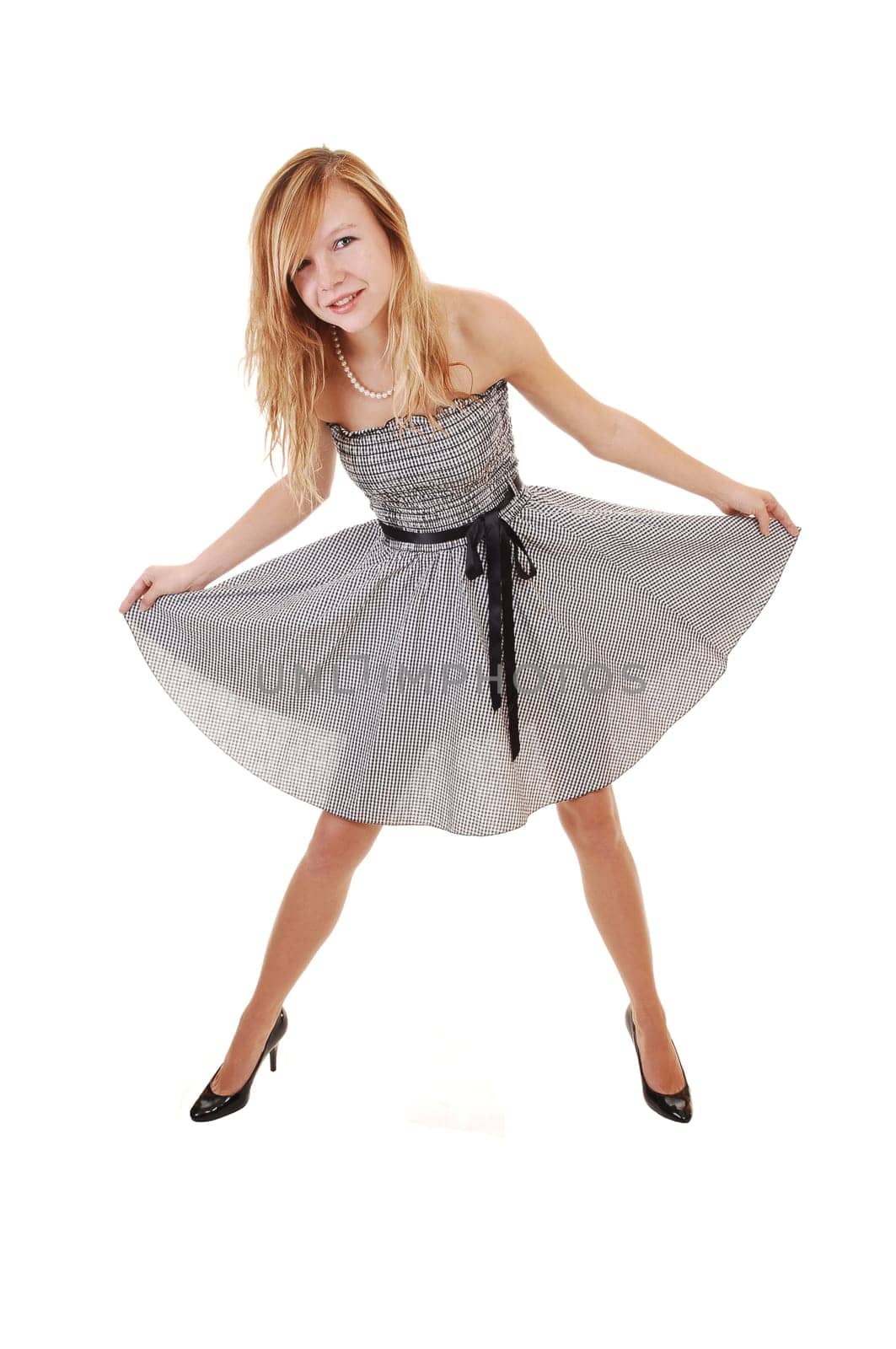 Girl in black white dress.